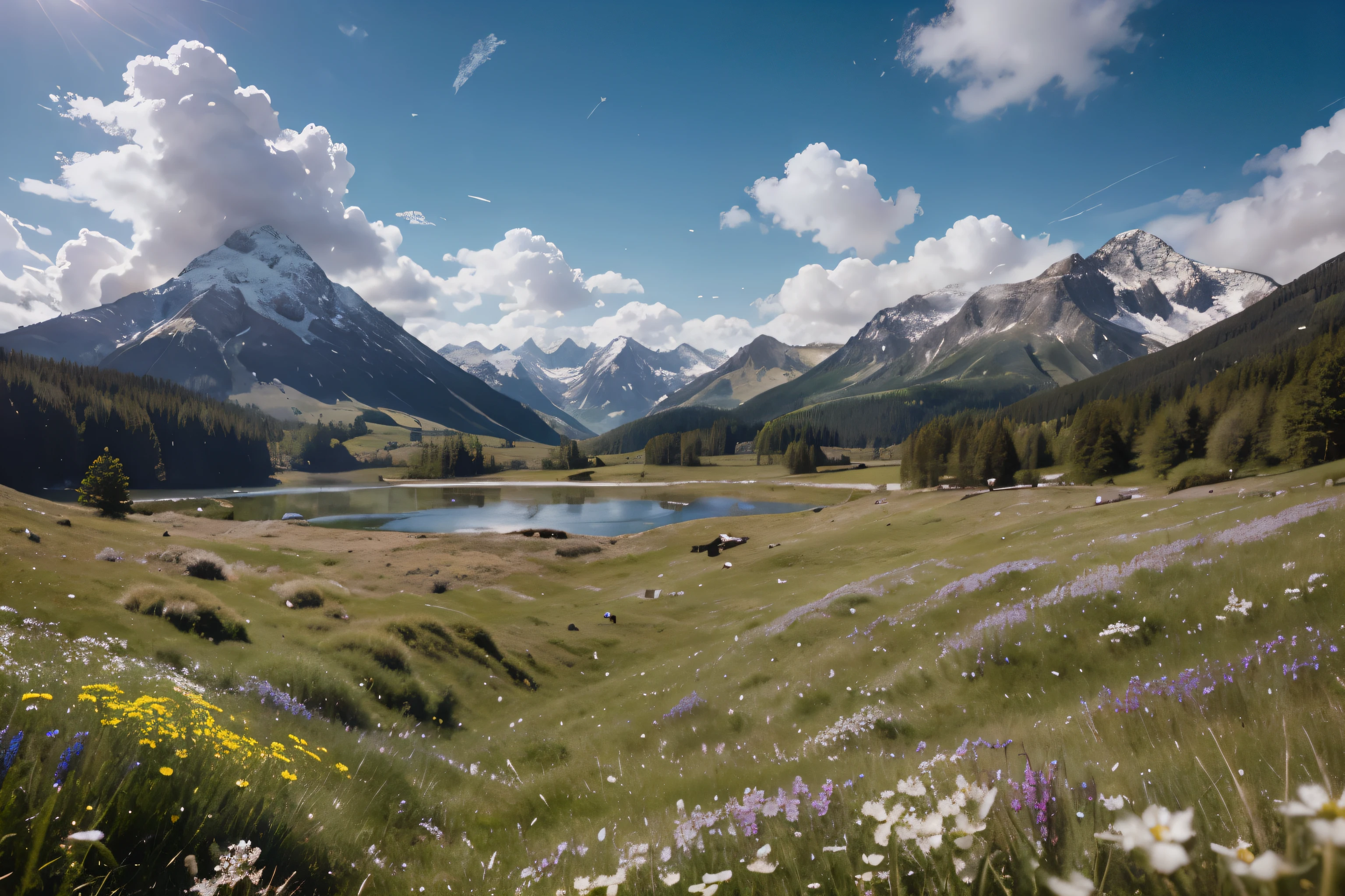 Summer, meadows, few small flowers, clear lakes, sheep, heaven, large clouds, blue sky, hot weather, HD detail, wet watermark, hyper-detail, cinematic, surrealism, soft light, deep field focus bokeh, distant view is snowy mountains, ray tracing, and surrealism. --v6