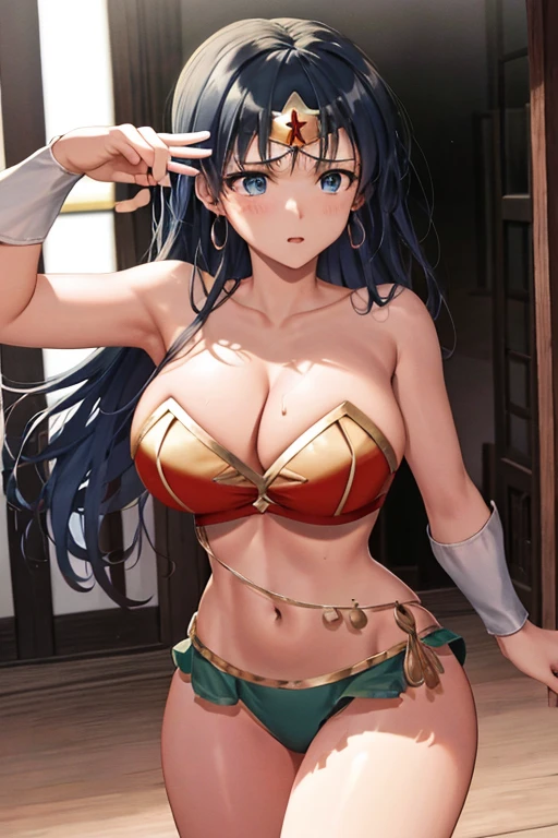 masterpiece, best quality, beautiful art, high resolution, well formed hands, body and fingers, 1 woman, solo, wonder woman, tiara , long blue hair, blue eyes, arabian belly dancer, adult, big breasted, cleavage, hair ribbon, full body, sexy and skimpy outfit , gorgeous legs and thighs , she is fighting in a combat match, showing her fighting skills, making her guard, about to hit the viewer, looking at the viewer, sweating, bouncing breasts, being confident and proud, action and fighting scene, martial arts tournament with beach environment