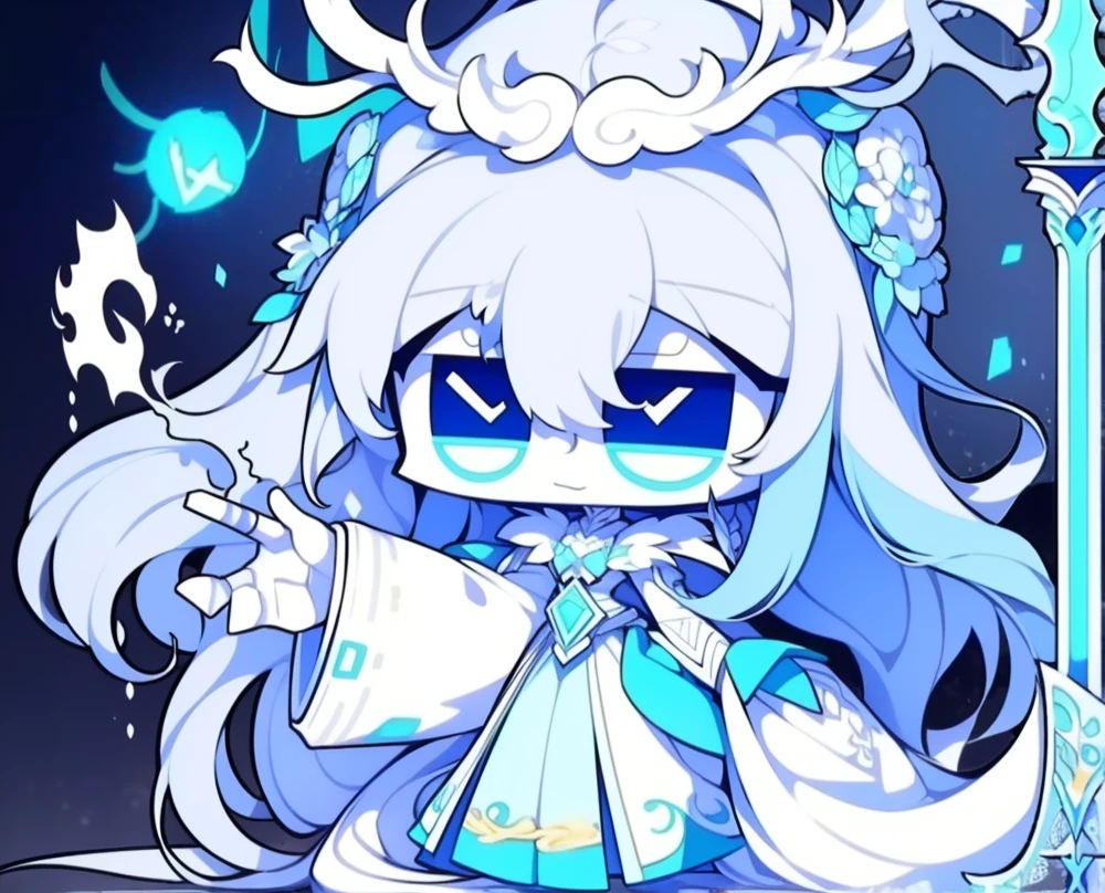 Half-length statue of a girl，k hd，4K，face expressionless，style of anime，sideface，white backgrounid，blue color eyes，white color hair,((full body)),Confused eyes,(default character)SD character, masterpiece,best quality,ultra detailed,4K,super fine illustration,highly detailed beautiful face and eyes,cyan color scheme, lighting,fantasy,extremely solemn atmosphere,long hair,floating hair,smirk,fighting stance,dynamic pose,(holding glowing sword:1.3),particle light,luminescence,plasma,electric current,blue flame,sense of depth,dynamic angle,