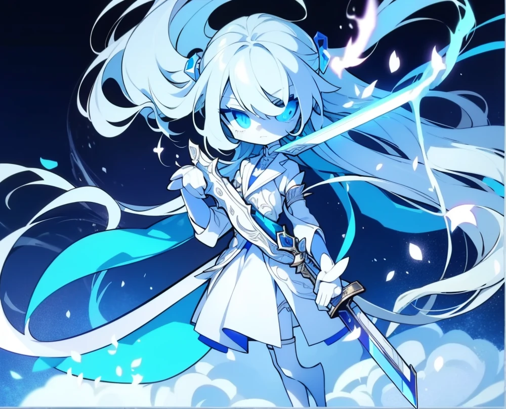 Half-length statue of a girl，k hd，4K，face expressionless，style of anime，sideface，white backgrounid，blue color eyes，white color hair,((full body)),Confused eyes,(default character)SD character, masterpiece,best quality,ultra detailed,4K,super fine illustration,highly detailed beautiful face and eyes,cyan color scheme, lighting,fantasy,extremely solemn atmosphere,long hair,floating hair,smirk,fighting stance,dynamic pose,(holding glowing sword:1.3),particle light,luminescence,plasma,electric current,blue flame,sense of depth,dynamic angle,