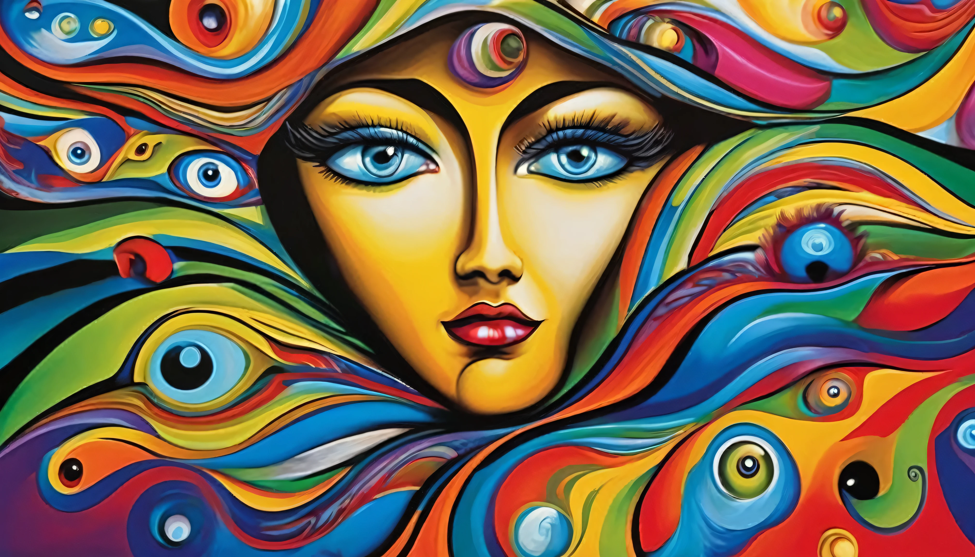 um fundo abstrato com olhos,bocas,ouvidos,faces emotions in a whirlwind of surreal art 