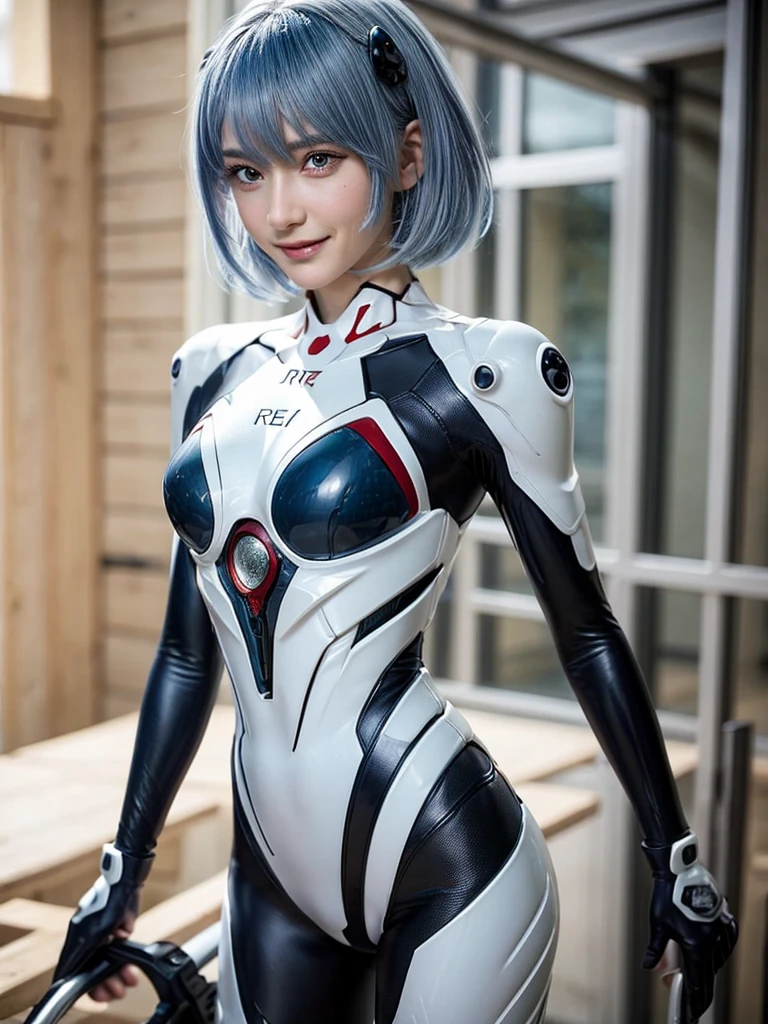 Masterpiece, highest quality, 8K, detailed skin texture, fine cloth texture, beautiful detailed face, intricate details, super detailed, portrait of Rei Ayanami, blue hair, red eyes, looking far away, no background, Evangelion Wearing a plug suit when riding, plug suit, whole body visible, standing, arms crossed, 15 years old, beautiful, cute, great style, smiling,composition that shows the whole body,