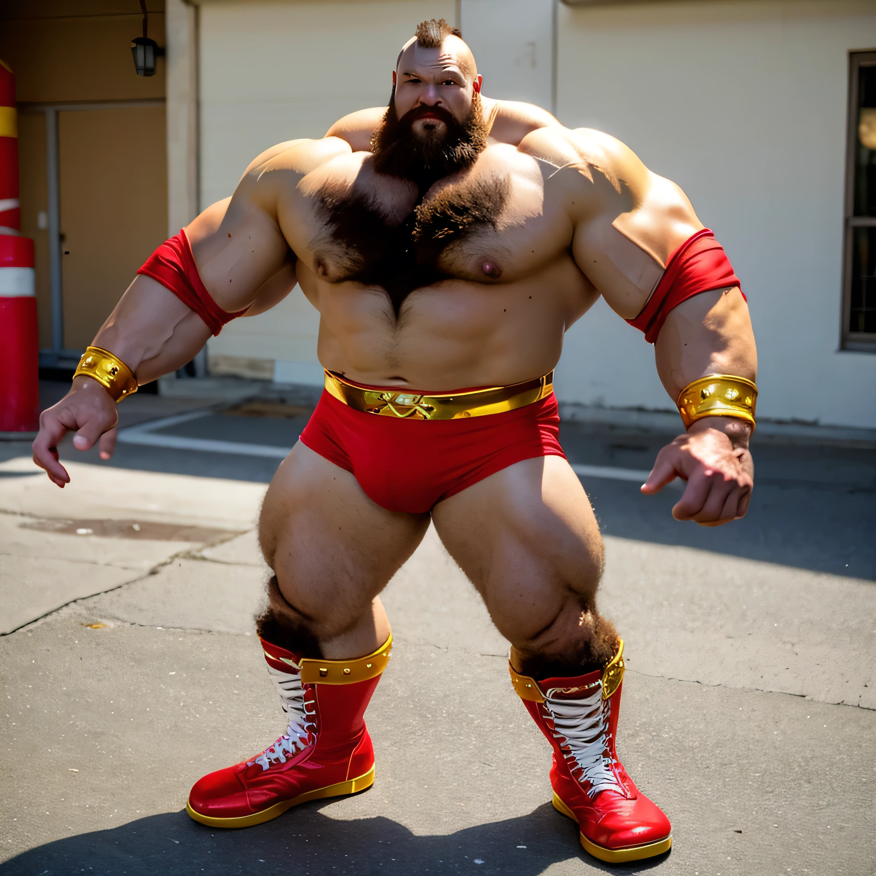 zangief,a man with a beard and a golden belt, fighting game character, street fighter 5,muscled humanoid,heavy looking,buff man,wrestler,Red short briefs,capcom,street fighter,shirtless,muscular male,chest hair,visually weighty,bearded man,mohawk hair,no wristband,Red Wrestling Boots,best quality