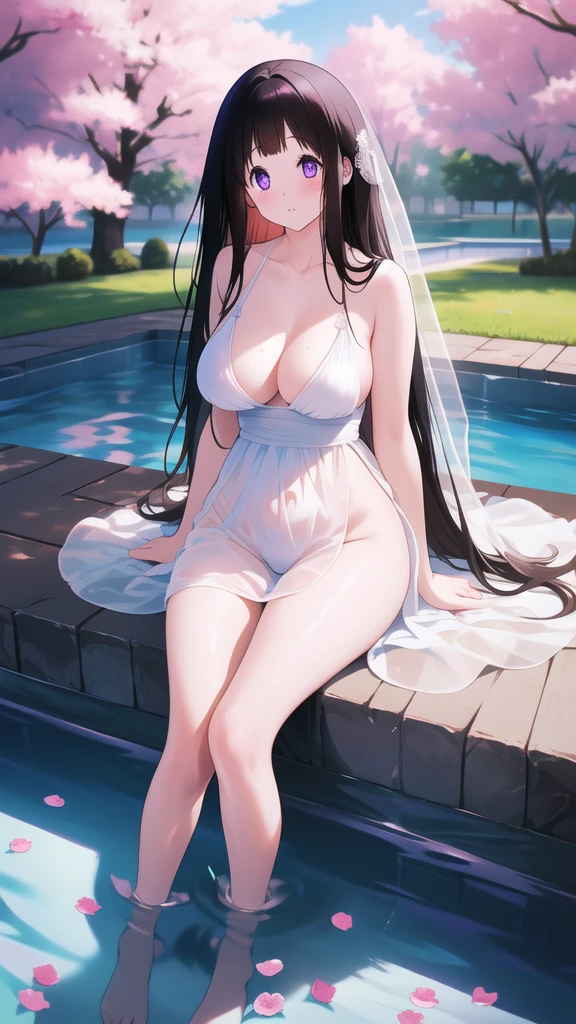 Amazing Chitanda, There is only one beautiful girl,Purple Eyes, Black Hair, Very red face,Very white skin,Glowing skin,Skin as delicate as porcelain,Naturally straight hair, Straight bangs,Extremely refined,Open lips,Long flowing hair,Beautiful Girl, Like a dream,Slim,Slim waist,Soft, (Sensual), (Kawaii), Dream quality,Beautiful big breasts,Areola,Completely naked,Wearing a transparent wedding dress,Deep V neckline,Loose neckline,Wide neckline,In the pool,Sitting on the shore,Bend your body,Light transmission,Under the cherry trees,no pants,pussy juice,Bare shoulders,Bare neck,Exposed collarbone,Exposing breasts,Exposing breasts侧面,Show your waist,Show your buttocks,Show your thighs,Exposing the groin,No pants,extremely shy,Ultra-high resolution, (masterpiece:1.2, best quality), (Delicate and beautiful eyes: 1.2), (Beautiful and delicate face)