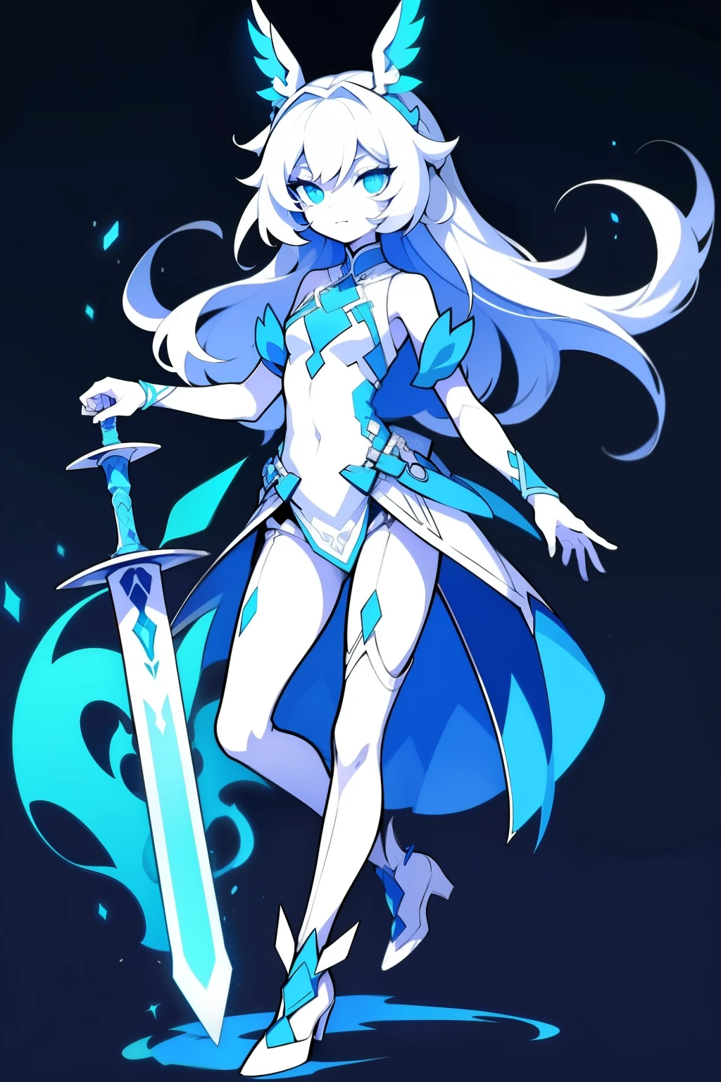 Half-length statue of a girl，k hd，4K，face expressionless，style of anime，sideface，white backgrounid，blue color eyes，white color hair,((full body)),Confused eyes,(default character)SD character, masterpiece,best quality,ultra detailed,4K,super fine illustration,highly detailed beautiful face and eyes,cyan color scheme, lighting,fantasy,extremely solemn atmosphere,long hair,floating hair,smirk,fighting stance,dynamic pose,(holding glowing sword:1.3),particle light,luminescence,plasma,electric current,blue flame,sense of depth,dynamic angle,