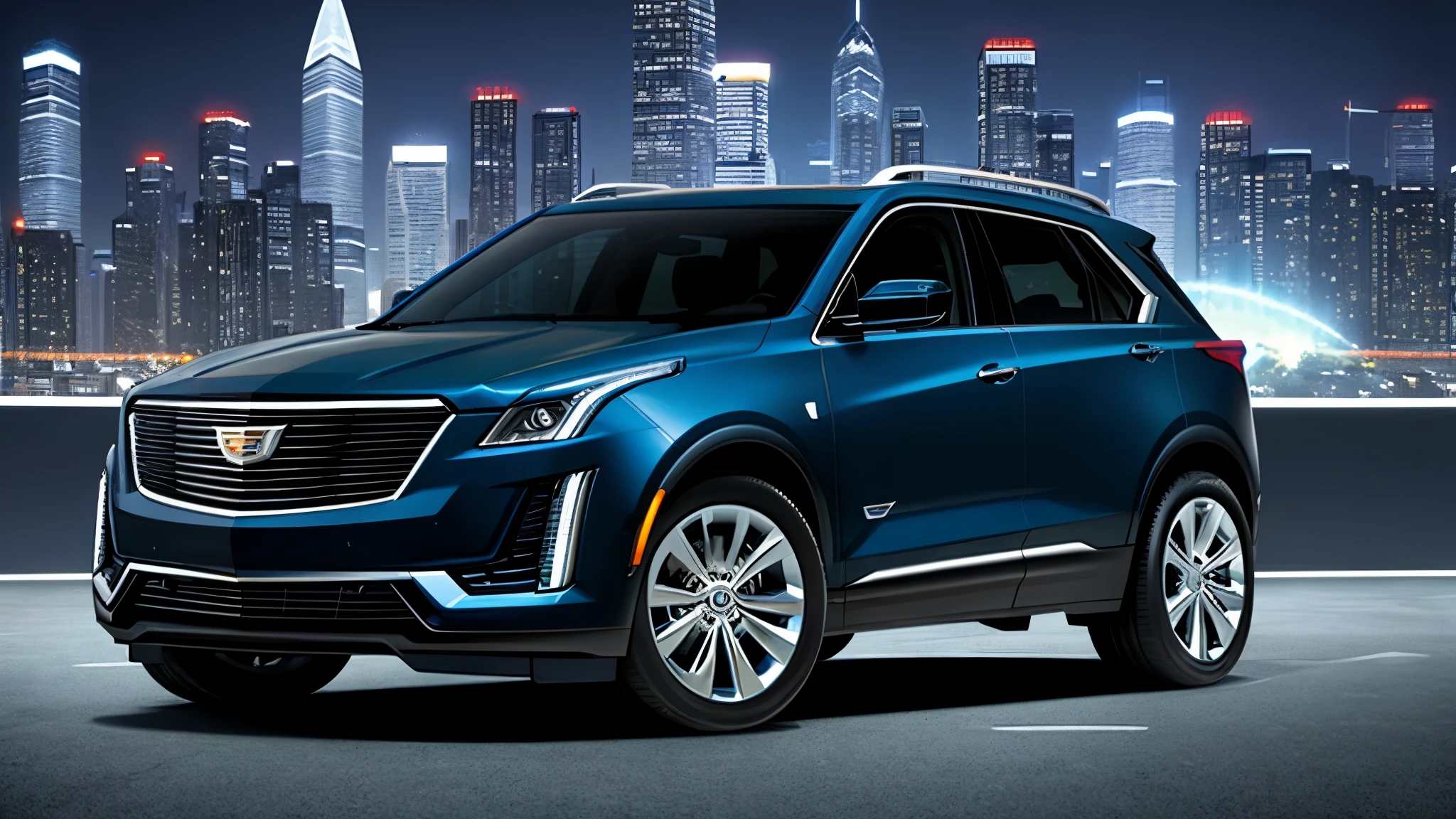 Cadillac pure electric SUV poster，The main style of the poster is business，Realism，Incorporate elements of future technology，Vehicles driving on city streets，Cityscape with skyscrapers in the background，The vehicle design is more technological