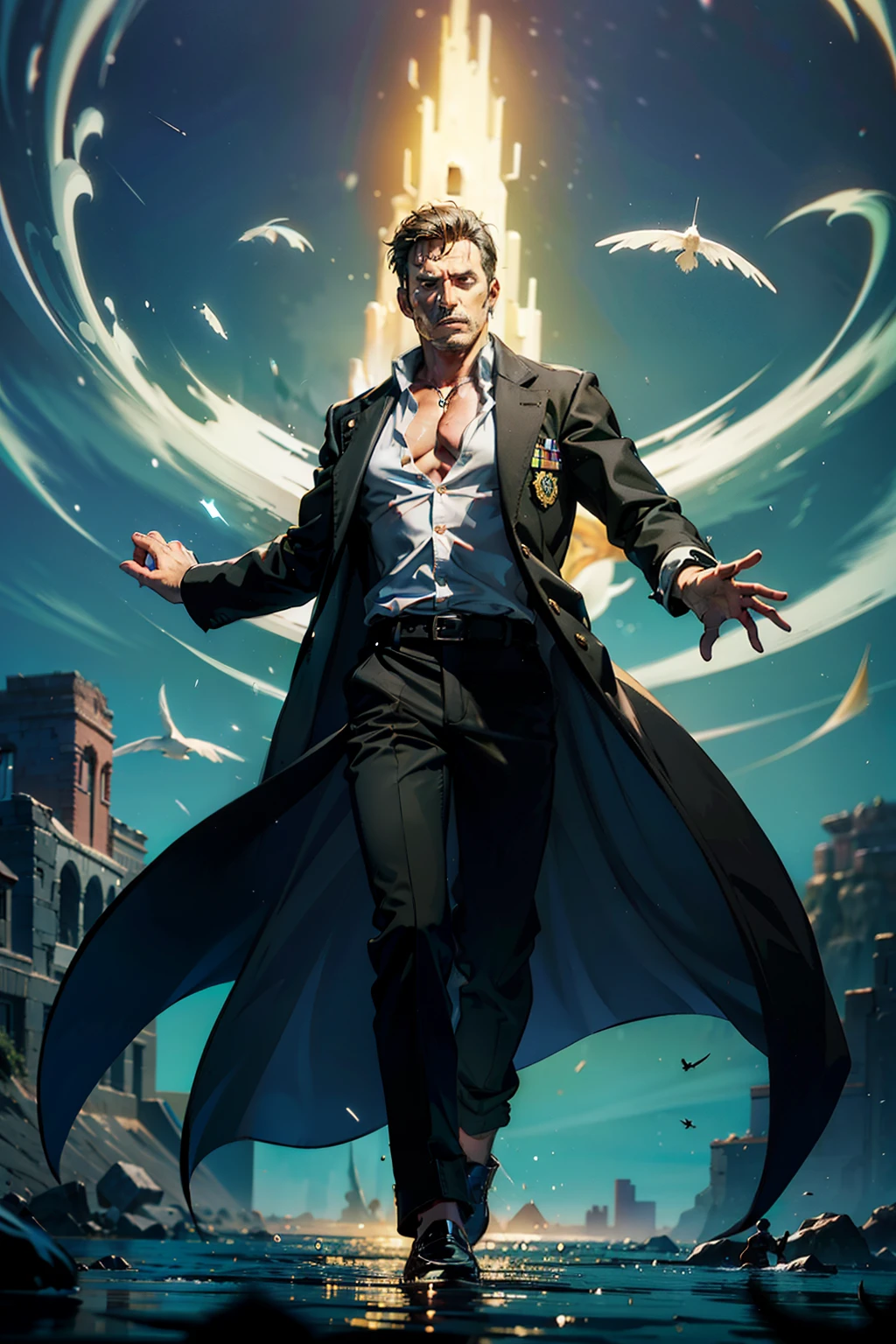 um homem de 45 anos, DND RPG style medium build with a black lab coat, olho direito preto com a pupila verde brilhando, cabelos curtos e brancos, camisa branca, and black pants, two ethereal hands floating around you, verdes emitindo um brilho.