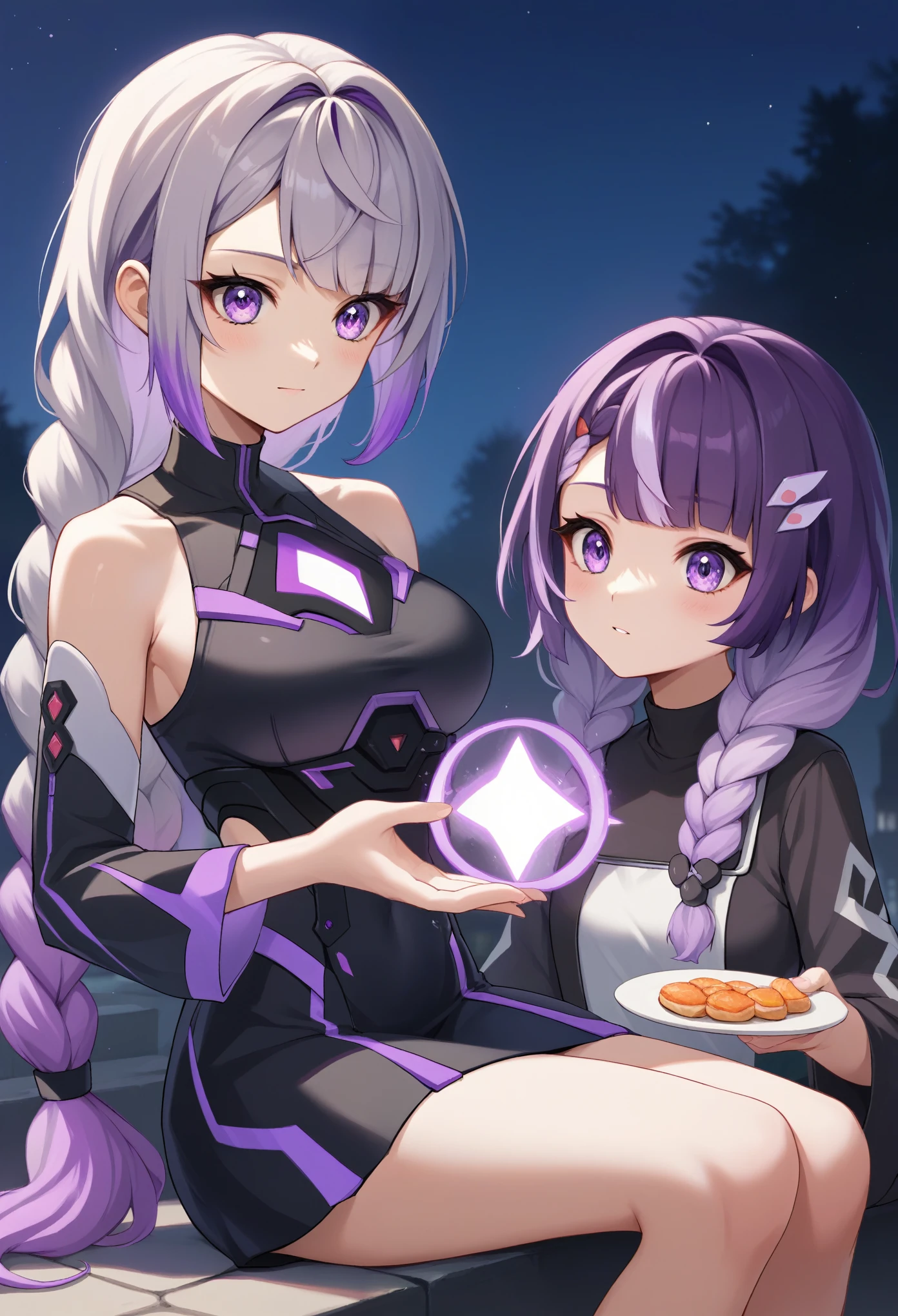 score_9, score_8_up, score_7_up, score_6_up, score_5_up, score_4_up, source_anime, rating_safe, 2girls, (purple streak), purple streak hair, purple hair, (purple eyes), well-aligned eyes, extremely detailed face, very long hair, grey hair, braided ponytail, purple white gradient hair, two girls sitting, side by side, (both wearing cyber suit), separated sleeves, bare shoulders, black top, breastplate, (energy disk on chest), wearing skirts, covered body: 1.1, colored cyber suit, (white and purple gradient hair, braided ponytail, hair ornaments, simple bangs, asymmetrical bangs), double eyelids, kind expression, Indifference, low lighting, cinematic lighting, night, sunset, outdoors, simple background