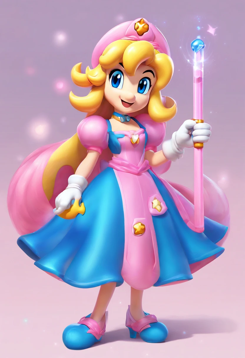 1girl, long blue hair, straight hair, green eyes, pink glossy lips, puffy pink dress, neck ruff, puffy short sleeves, blue heels, holding wand,