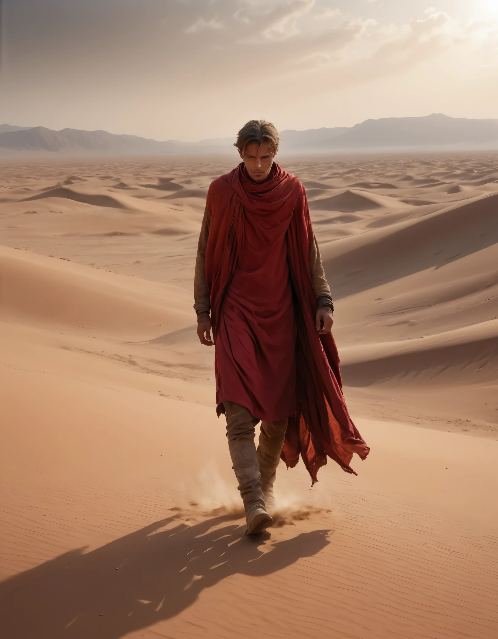 (best quality,4k,8k,highres,masterpiece:1.2),ultra-detailed,realistic,desert nomad boy with a sad face,facing the camera,wearing a vibrant red dress,walking in the scorching hot desert,harsh sunlight casting long shadows,sand dunes as far as the eye can see,crimson sand underfoot,dusty and rugged environment,a solitary figure in the vastness,desolated landscape,streaks of heat rising from the ground,beads of sweat glistening on his forehead,tattered cloak billowing in the wind,determined stride despite the weariness,desolation and loneliness echoed in his expression,empty and vast sky overhead,muted colors reflecting the unforgiving nature of the desert,harsh winds whipping up sand particles,creating a hazy atmosphere,mirage-like distortions in the distance,symbol of resilience and endurance in the face of adversity,photorealistic portrayal emphasizing every detail of his attire and features.