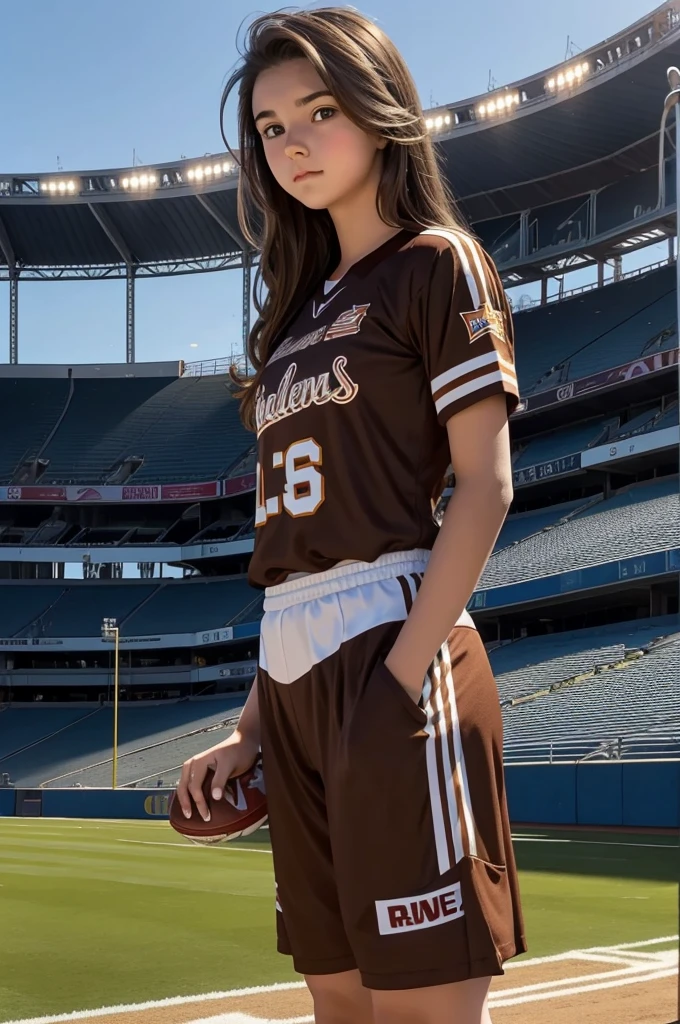 a 16 year old girl with long brown hair standing in a stadium wearing cheerleaders clothes