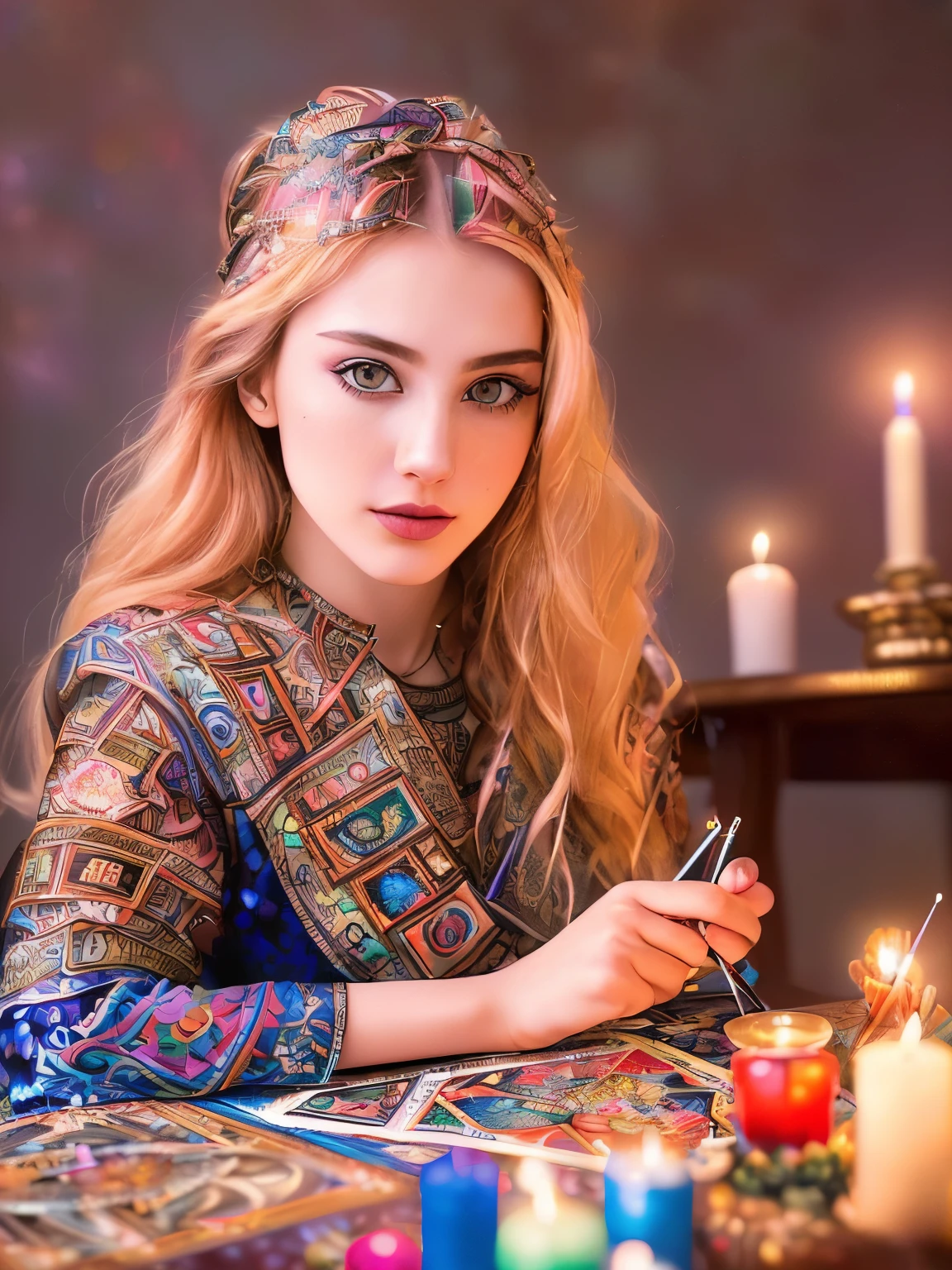 (obra maestra, high resolution, photorealistaic: 1.4), (mujer gitana, con colores vibrantes, sentado en una mesa con cartas del tarot y velas, realista, 4k, Objetos de los temas del tarot:1.3). (Sony Alpha a7R IV camera expertly used to capture this captivating moment: 1.2), (combined with a versatile Sony FE 24-70mm f/2.Lente 8GM, asegurando que cada detalle se capture maravillosamente: 1.2) Magical (Impresionante foto de belleza fascinante que muestra su impresionante belleza: 1.2), Fondo de luminosidad bioincandescente intrincadamente detallado