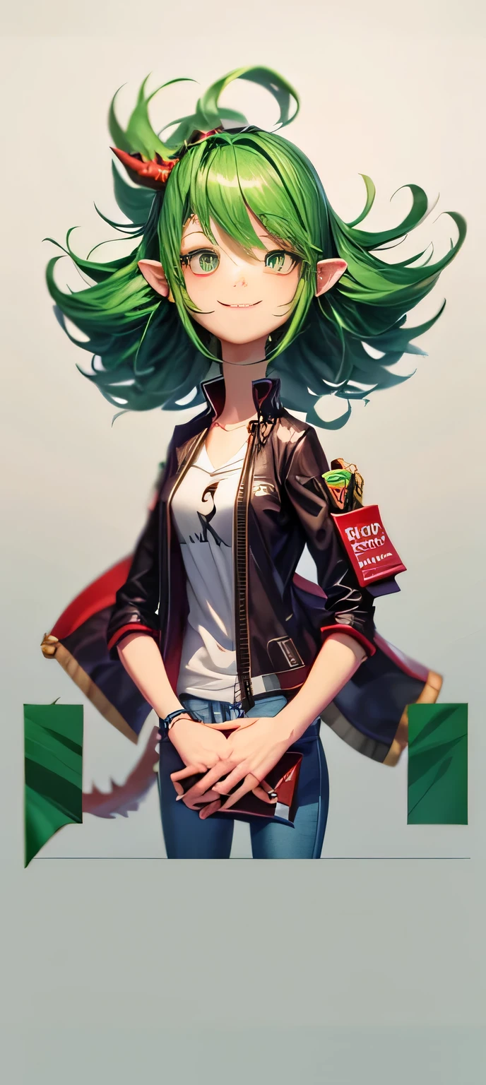 A red and green dragon, 1 dragon, dragon girl, jeans and jacket, cute dragon girl, smile