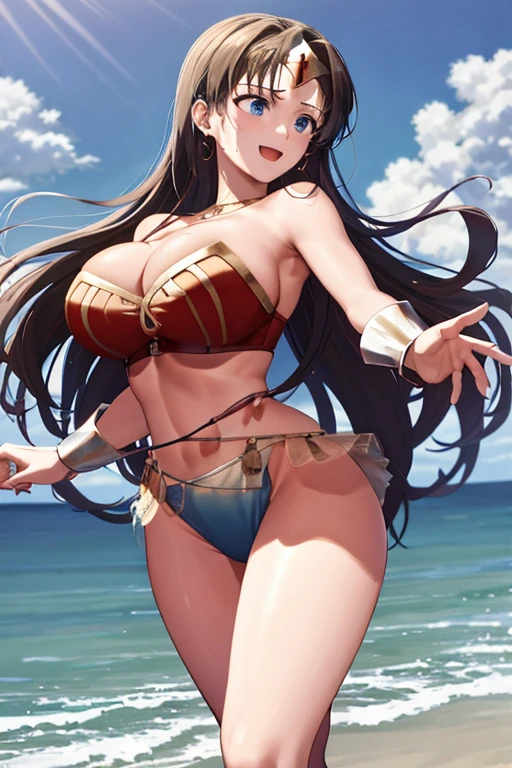 masterpiece, best quality, beautiful art, high resolution, well formed hands, body and fingers, 1 woman, solo, wonder woman, tiara , long blue hair, blue eyes, arabian belly dancer, adult, big breasted, cleavage, hair ribbon, full body, sexy and skimpy outfit , gorgeous legs and thighs , she is fighting in a combat match, showing her fighting skills, making her guard, about to hit the viewer, looking at the viewer, sweating, bouncing breasts, smiling joyfully and brightly, being confident and proud, action and fighting scene, martial arts tournament with beach environment