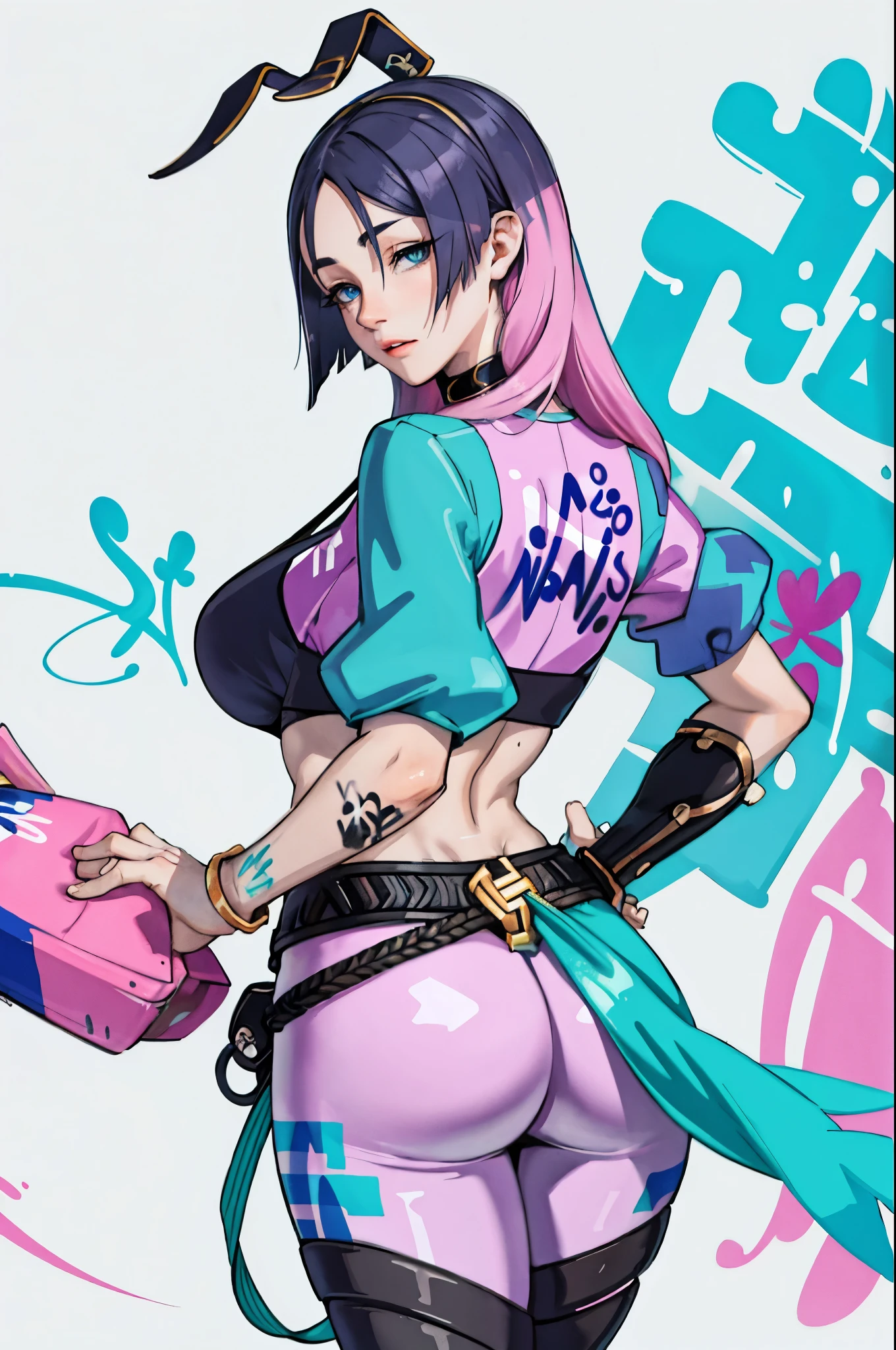  masterpiece, best quality, 25 year old beautiful woman, long hair, (mature face:1.4), 1 lady, alone, crop top, fitness leggings, collar, (from behind:1.4), Fuck ass, Thick thighs, thin waist, (Graffiti:1.5), paint splatter, Put your arms behind your back, against the wall, looking at the audience, armband, thigh strap, Apply to body, head tilt, boring, colorful hair (pink, blue), aqua eyes, earphone