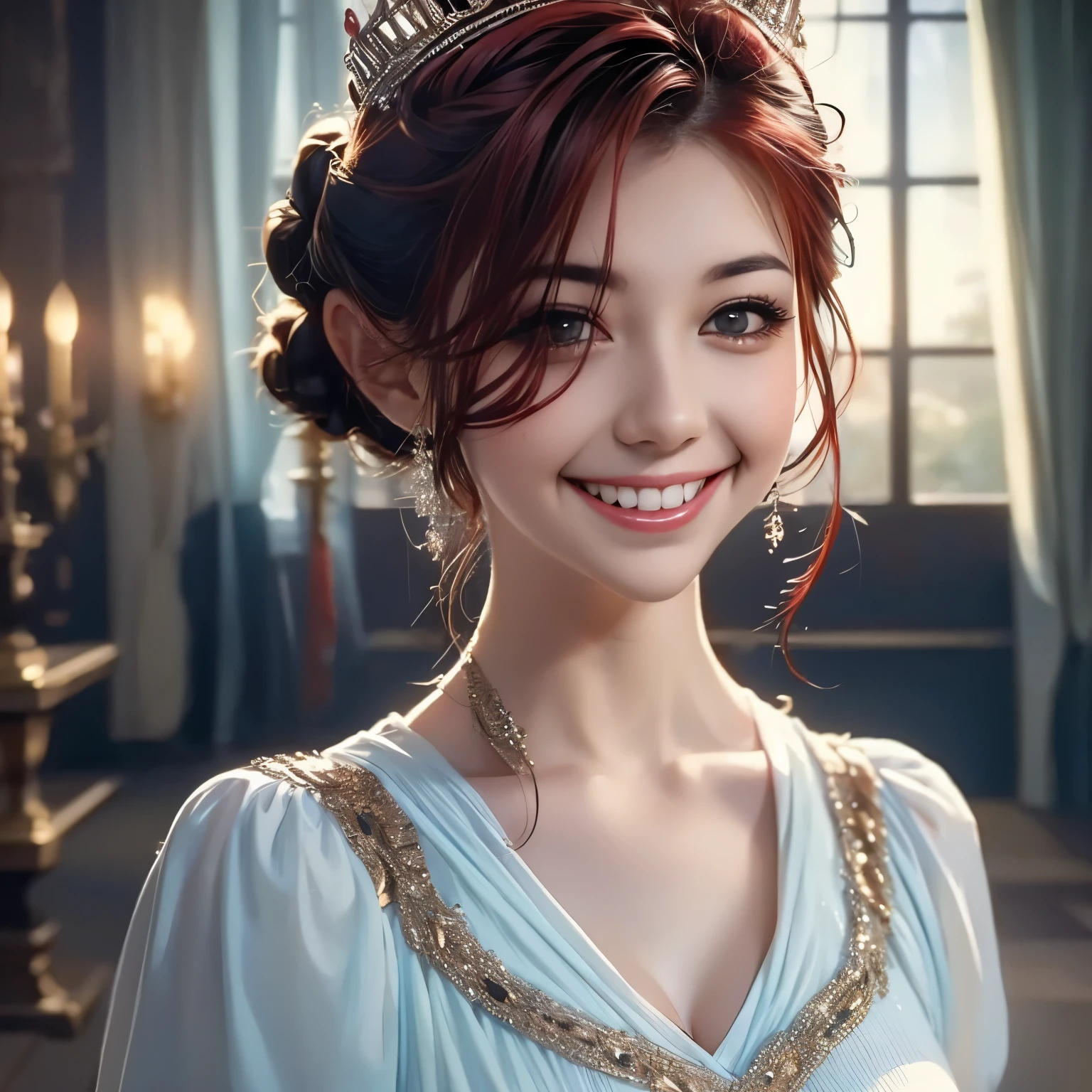 Princesa das trevas com os olhos de sangue, red hair, crown, evil smile, anime style, lens flare, high detail, first-person view, cinematic lighting, masterpiece, super detail, best quality, 8k, UHD