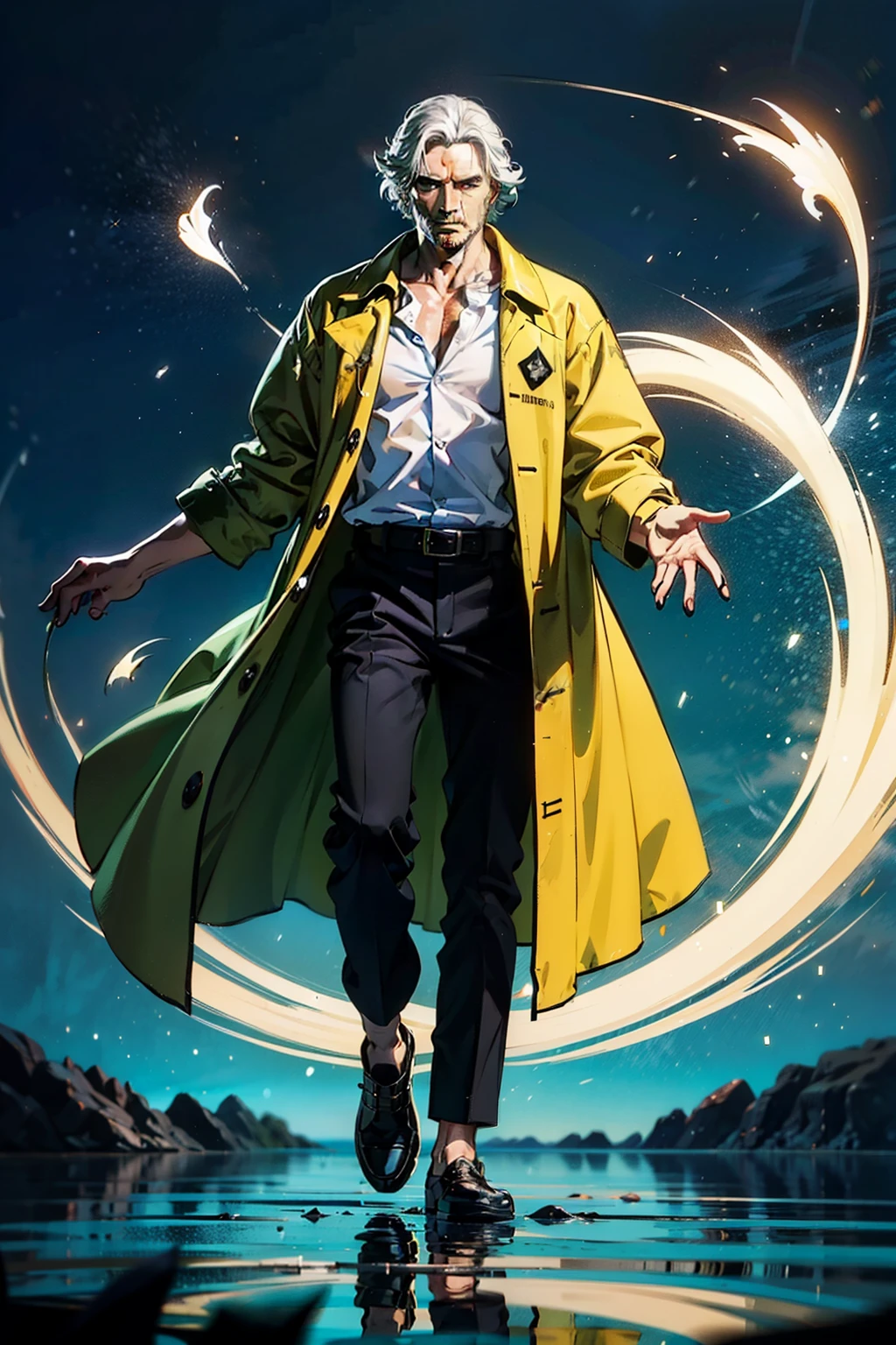 um homem de 45 anos, DND RPG style medium build with a black lab coat, olho direito preto com a pupila verde brilhando, cabelos curtos e brancos, white shirt and black pants, two ethereal green hands floating around him, emitting a glow.
