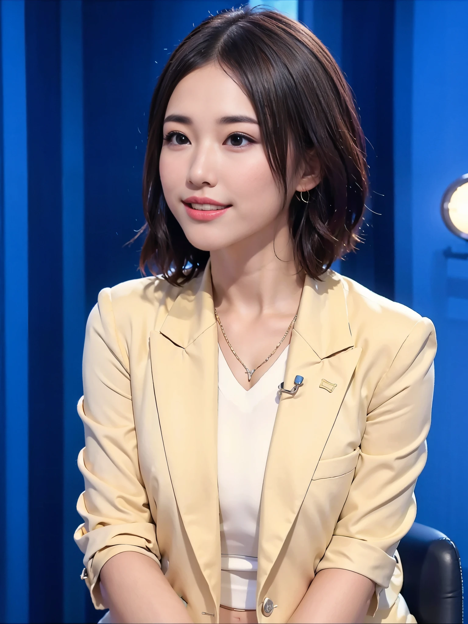 Best image quality、Ultra-high resolution、One Girl、Beautiful expression、Short fine hair、Announcer in tight suit、Sitting in the studio