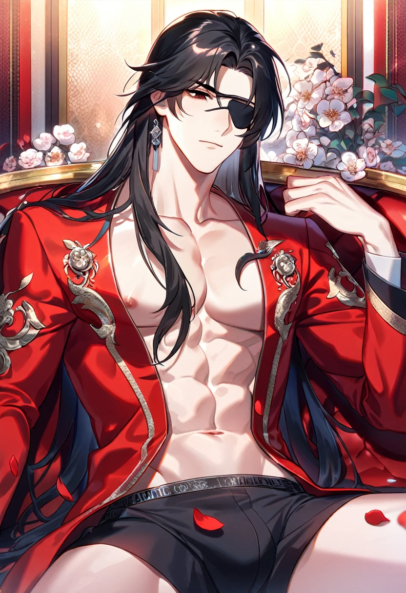 absurdres, highres, ultra detailed, HDR, master piece, best quality, perfect face, Hua Cheng, black long hair, expressive red eyes, black eye patch, heaven official's blessing, solo, sexy man, handsome, toned chest, horny, sensual, erotic, red coat, black boxers, sitting on a couch, flowers, petals, room