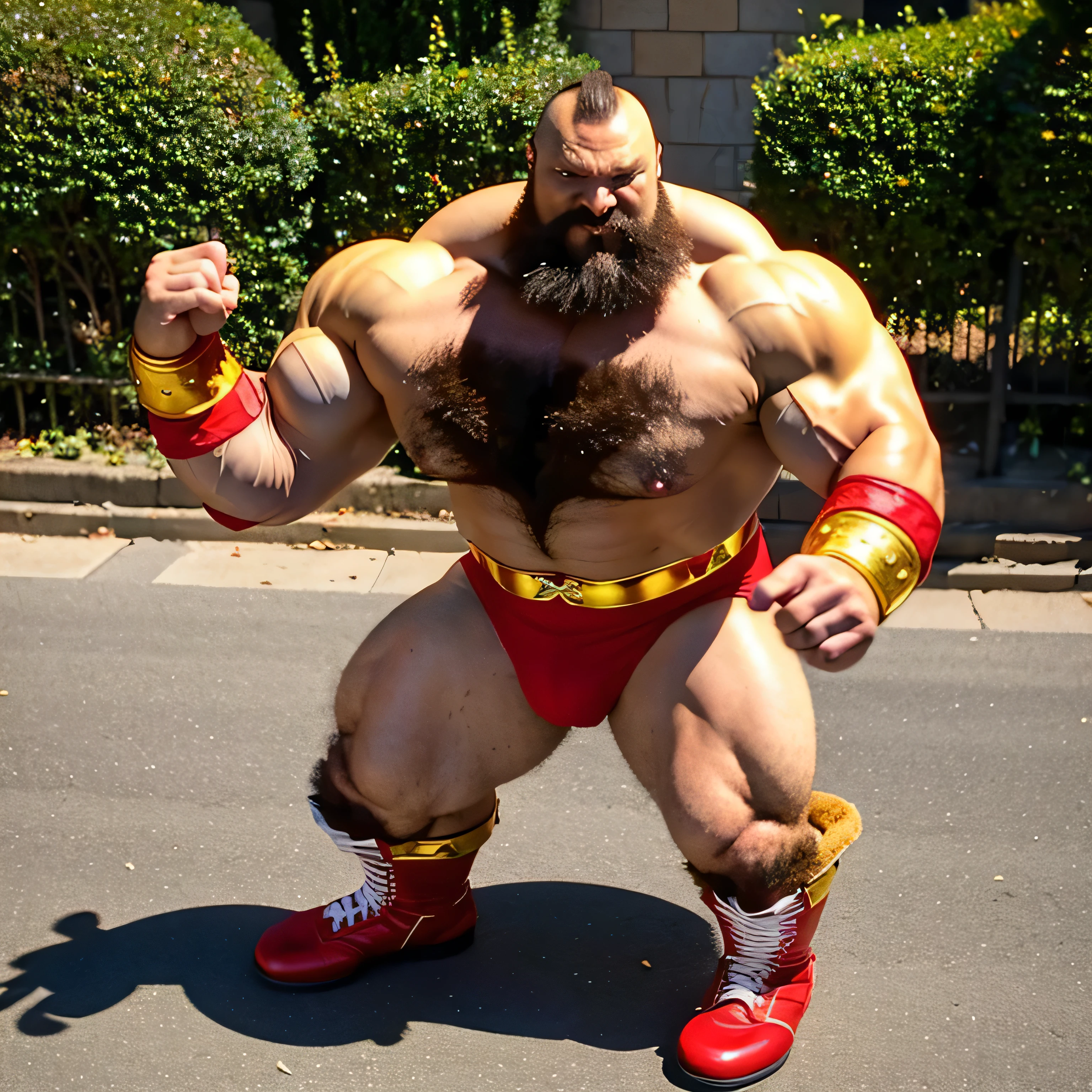 zangief,a man with a beard and a golden belt, fighting game character, street fighter 5,muscled humanoid,heavy looking,buff man,wrestler,Red short briefs,capcom,street fighter,shirtless,muscular male,chest hair,visually weighty,bearded man,mohawk hair,no wristband,Red Wrestling Boots,best quality