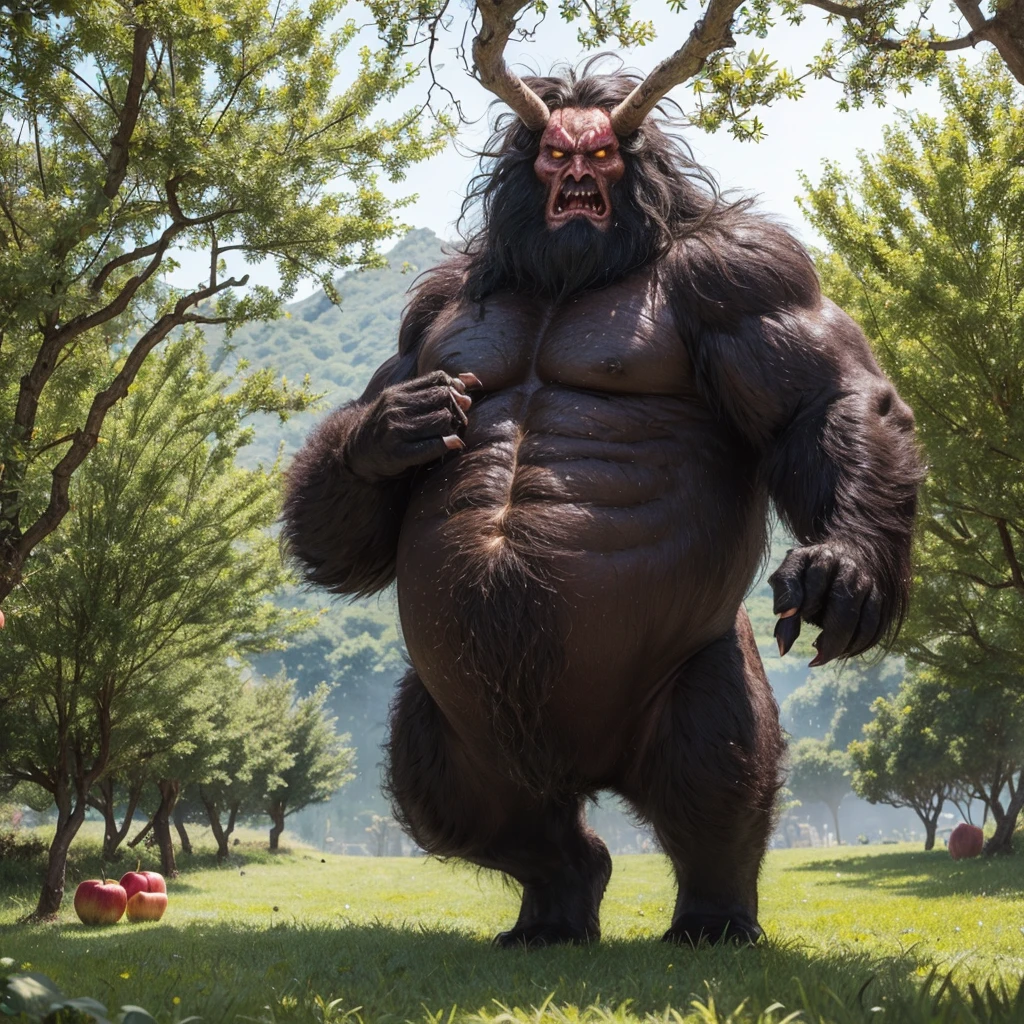 A monster, big and disgusting, covered in hair, a bit like the basajaun, apple trees in the back,