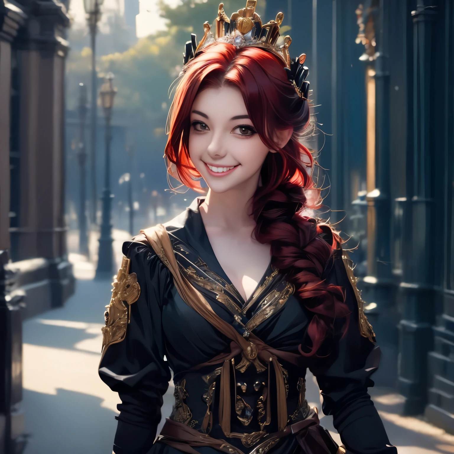 Princesa das trevas com os olhos de sangue, red hair, crown, evil smile, anime style, lens flare, high detail, first-person view, cinematic lighting, masterpiece, super detail, best quality, 8k, UHD