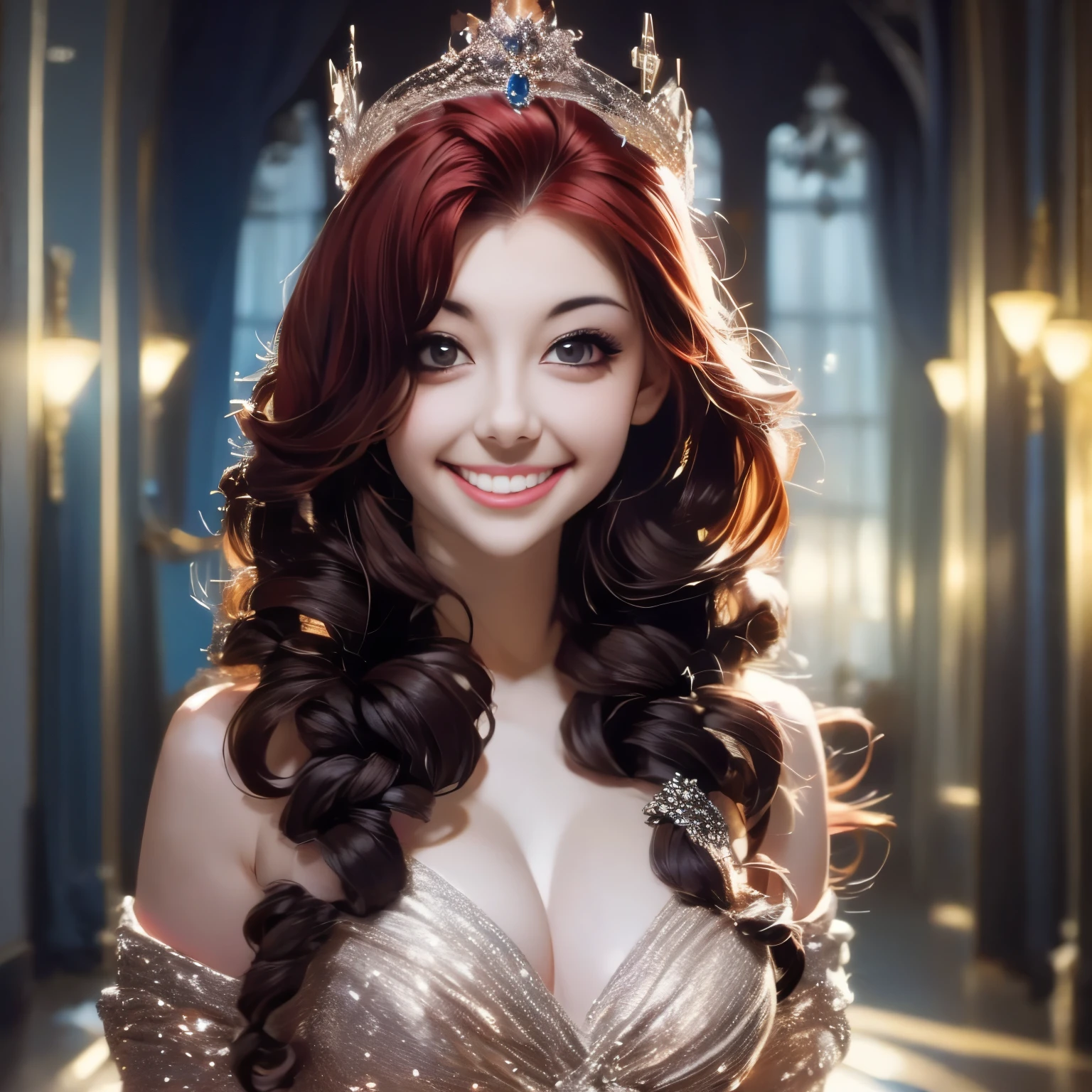 Princesa das trevas com os olhos de sangue, red hair, crown, evil smile, anime style, lens flare, high detail, first-person view, cinematic lighting, masterpiece, super detail, best quality, 8k, UHD