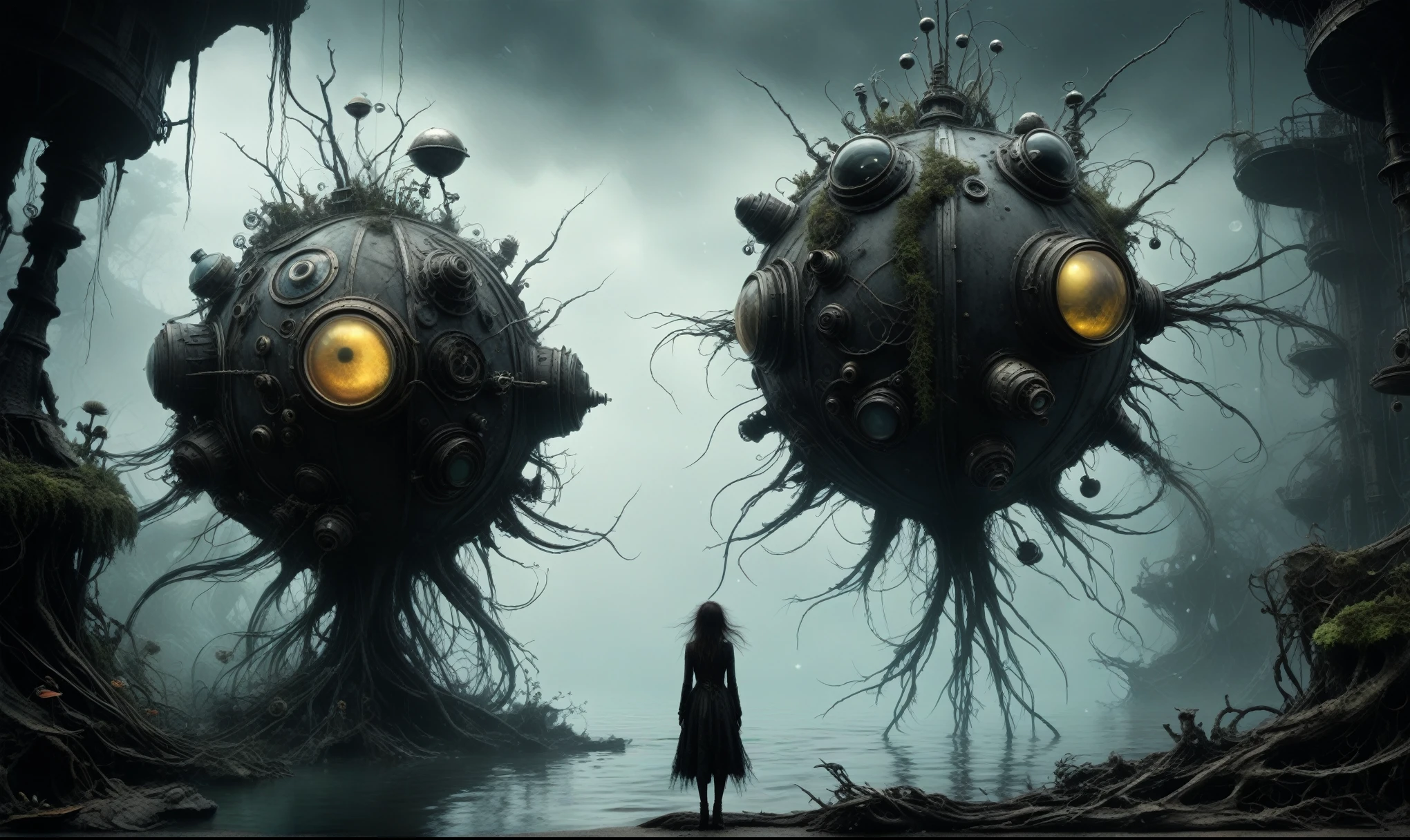 steampunk fantasy, young plant witch made of dead plants huntering, black and white color mechanical clockwork Spaceship under sea, ominous landscapes,a small floating mkitdecy-planet in concrete and rusted metal struts that looks like a see-mine, low-key, glowing, cinematic,ruined,ruined theme,lots of dust,amazon,full body length,maybe pretty face,full body length, eerie atmosphere, ethereal presence, swirling mists, supernatural entities, demonic essence, shadowy forms, dark and twisted branches, macabre elements, otherworldly beauty, ethereal glow, eerie and ominous lighting,Ethereal otherworldly charm,Complicated details,Exquisite features,Surreal atmosphere,captivating creation,After the war,Maritime bazar of science and technology,like Stone Forest in Yunnan Province of Zambia,Simon Stalenhag,Nicola Samori,Wangechi Mutu,intricate details,realism,realistic,extremely detailed,masterpiece,intricate details,eyes extremely detailed, high detailed eyes,32k resolution, Nikon Z9