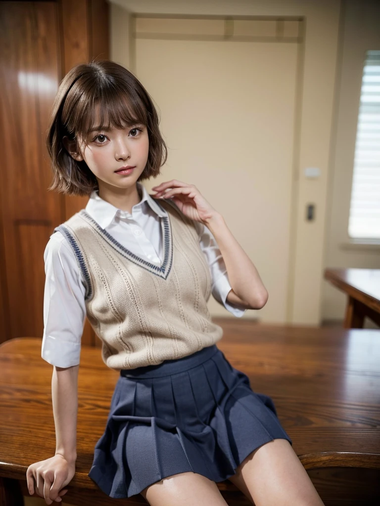 Masterpiece, Top Quality, Top Mikoto, brown eyes, short hair, small breasts, looking at viewer, alone, closed mouth, collared shirt, beige knit vest, dark blue Skirt, school_uniform, shirt, white_shirt, classroom,Masterpiece, highest quality, 8K, detailed skin texture, fine cloth texture, beautiful detailed face, intricate details, super detailed,cute,cute posing,composition that shows the whole body,