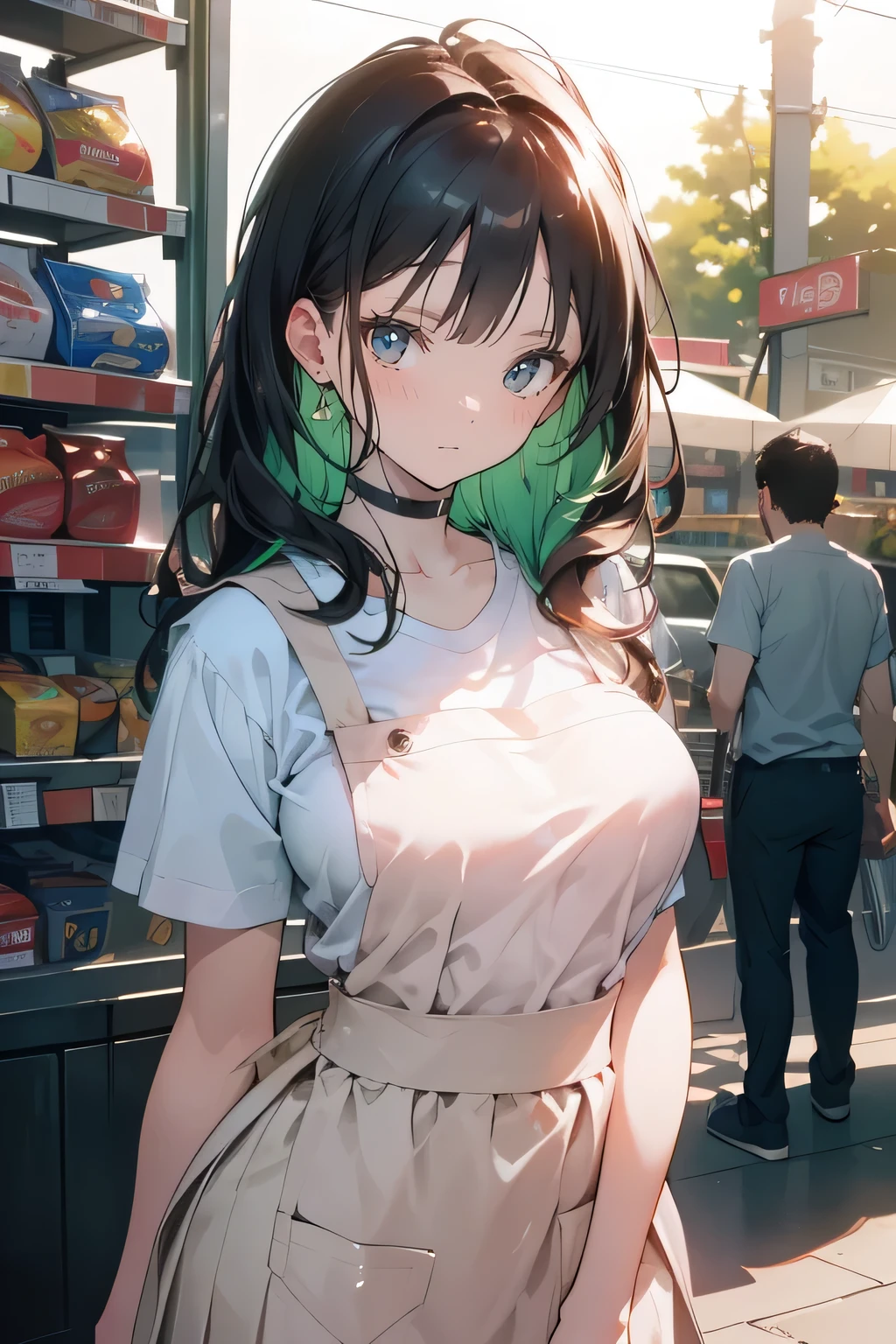(masterpiece:1.2, highest quality), (Realistic, photoRealistic:1.4), Beautiful illustrations, (Natural Side Lighting, Cinema Lighting),
Looking at the audience, Face Focus, 1 female,Perfect Face, Perfect body, Symmetrical cute face, Shiny skin, Baby Face, Big Breasts:1.4, Emerald green eyes, Captivating thighs, thin,
Beautiful Hair, Beautiful Face, thin and beautiful eyes, Beautiful clavicle, Beautiful body, Beautiful breasts, Beautiful thighs, Beautiful legs, Beautiful fingers, Are standing,(masterpiece:1.2, highest quality), (Realistic, photoRealistic:1.4), Beautiful illustrations, (Inside a convenience store:1.4),((White short sleeve shirt, Green pleated skirt, belt, Chest apron:1.5, choker)),(Are standing), (Blushing and glaring at the viewer:1.3)