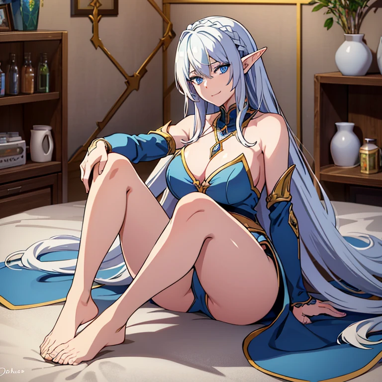 inn, tavern, on the bed, smile, Smiling, solo, battle stance, 1girl, soft smile, slender figure, slim, young girl, short height, full cheeks, skinny, Sexy, Beautiful composition, beatiful face, handsome body (Body Full 1.1.), Beautiful figure, in full height (Body Full 1.1.), closed mouth, Digital Art, sexypose, small-sized breasts, High Elf Knight(Body Full 1.1) elf, (Dark Blue eyes:1.5), white hair, long hair, braid on hair, silver hair, Knight, Beautiful figure, beautiful breasts, (Fullness of the body.1,1) silver hair, Hair between the eyes, hairlong, straight hair, pointed ears, long ears, side locks, bangs, Asymmetrical Clothing, elf, (Masterpiece:1.2), Best Quality, High Resolution, Unity 8k Wallpaper, (illustration:0.8), (beautiful detail eyes:1.6), extremely detailed face, perfect lighting, extremely detailed CGI, (perfect arms, perfect anatomy), epic composition, tunic, hair braid on head, braid, tress, tress on head, golden spear, looking at viewer, necklace, cleavage, fullbody, full-body, sitting, legs together, bare legs, bare feet, feet soles