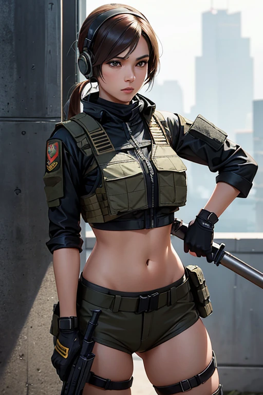 a woman in a black outfit holding a rifle and wearing headphones, 24-year-old woman, Filipino woman, tan bronze skin, soldier girl, mechanized soldier girl, military girl, beautiful female soldier, female lead character, infantry girl, of a sniper girl in war, solo female character, future combat gear, close up half body shot, Women in crop top military bulletproof vest, showing navel, quiet from metal gear solid v, wearing tactical gear, dressed in tactical armor