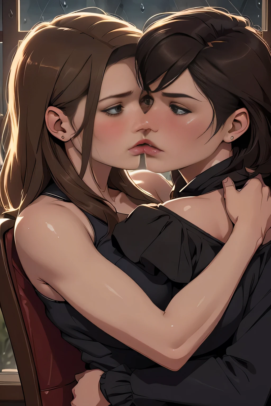 (best quality,ultra-detailed,realistic:1.37),portraits,lesbians,passionate,aggressive,embrace,hug,kiss,erotically,beautiful women,close-up,romantic,lip touching,intense,chair,near a window,rain,outdoor,night time,dark room,warm lighting