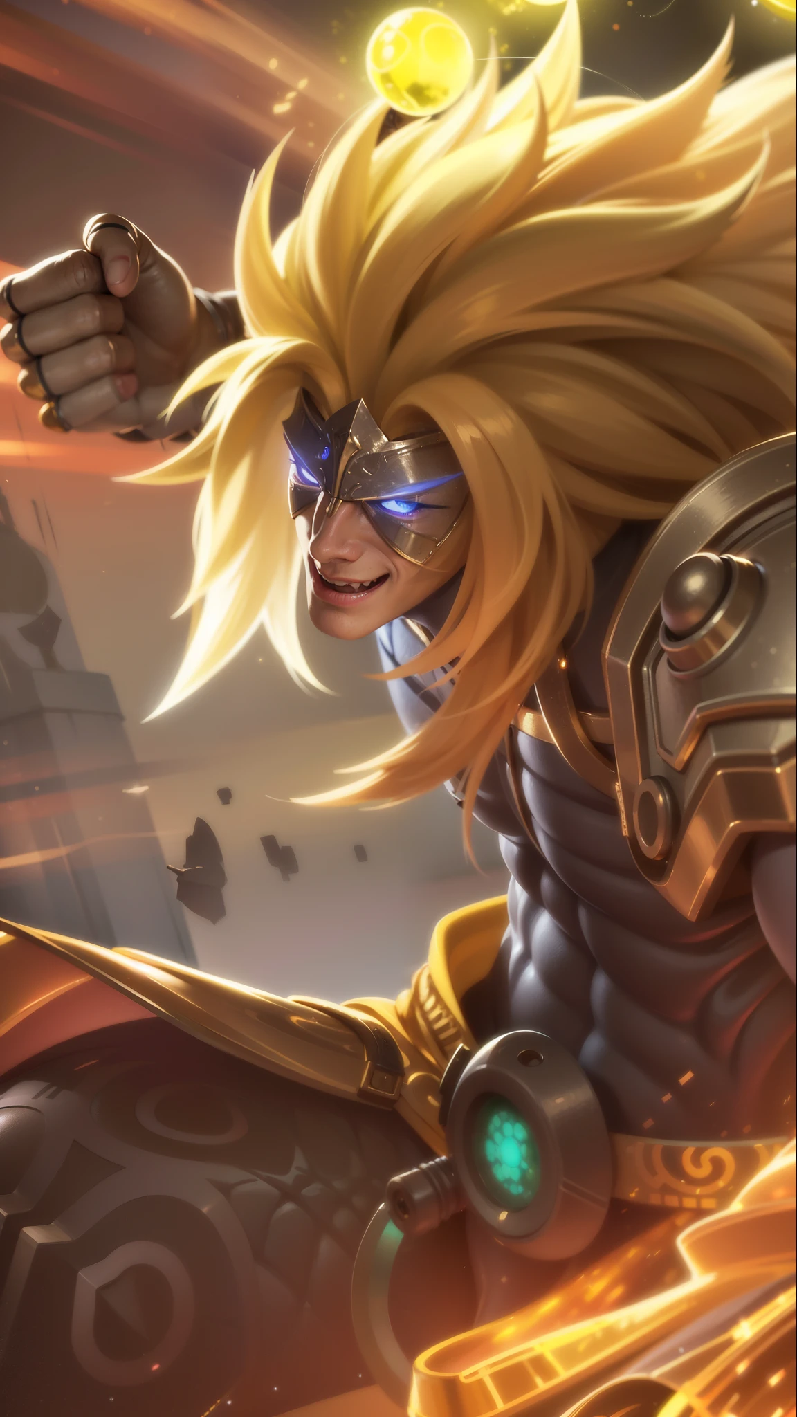 a male with a yellow hair and a gold outfit, Best quality, masterpiece, detailed skin texture, detailed clothes texture, detailed face, super detailed, 8k, intricate detail, The color doesn't change, Muscle guy, 1 male, angry, shining blue eyes.