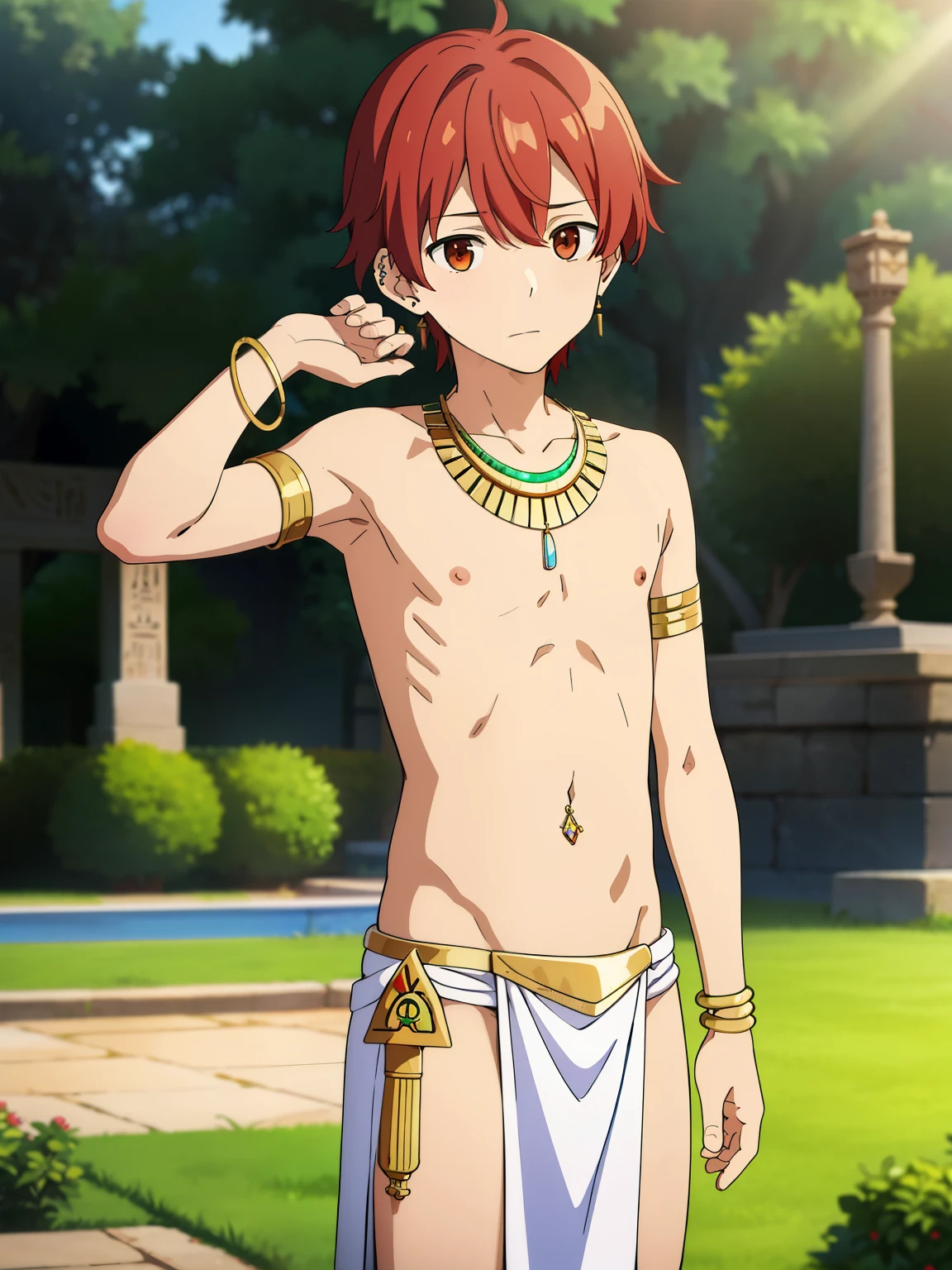 Highres, Masterpiece, Best quality at best,Best Quality,hight quality, hight detailed, 1boy, Boy,Fluffy hair, Side bangs, Shota, Solo person, Thin young boy without a shirt, Red hair, Egyptian garden, Ancient egyptian loincloth, earrings, bracelets, necklaces, navel piercing, ( boy), 14-year-olboylurryd simple beckground, bokeh, Uhd