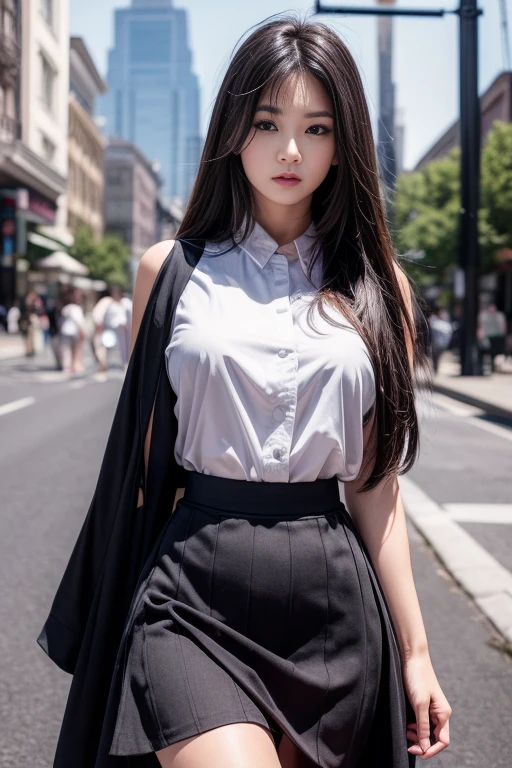 (Masterpiece), (Top Quality), (Realistic High Resolution), (Eye Details), (Remove Facial Details), Calm Tones, Calm Colors, High Contrast, (Natural Skin Textures, Hyper Realism) ), sharp, exposure blending, bokeh, (maxi black skirt), (long tight skirt), long hair, black hair, breaking white blouse, sexy, cowboy shot, eyes in focus, low angle, body is the viewer facing towards