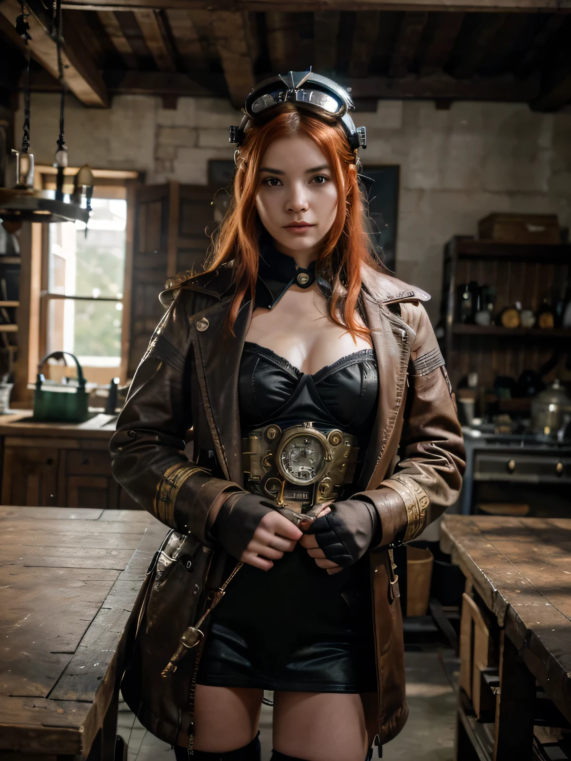 (8k, RAW photo, highest quality), pretty girl using tools next to a table, in a factory, water pipe, water tank, 18th century, red head, steampunk aviary helmet, coat available, (detailed eyes : 0.8), (looking at camera: 1.4), (highest quality), (best shadow), intricate details, interior, dark studio, muted colors, (steam punk), Lucca from Chrono trigger