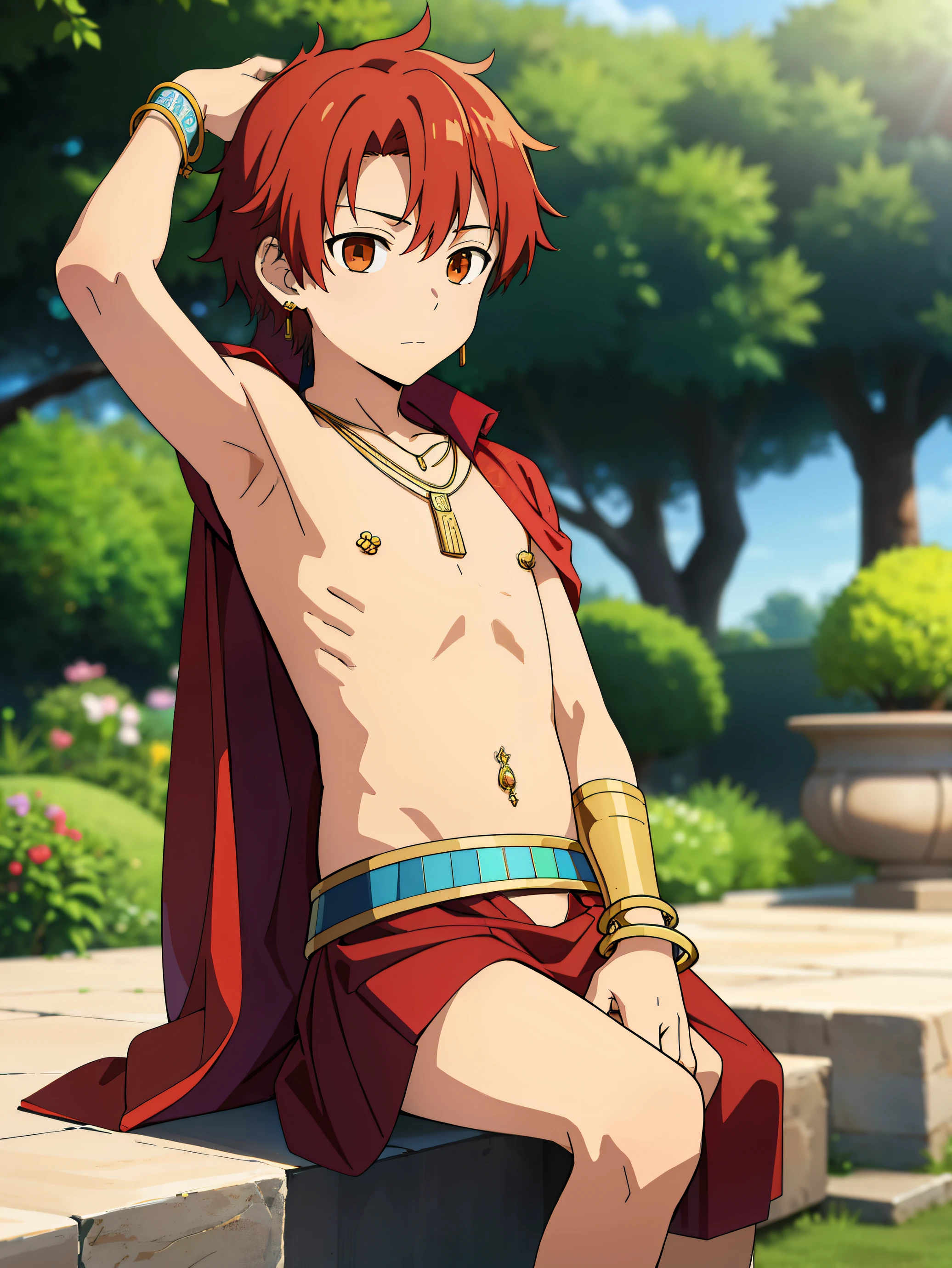 Highres, Masterpiece, Best quality at best,Best Quality,hight quality, hight detailed, 1boy, Boy,Fluffy hair, Side bangs, Shota, Solo person, Thin young boy without a shirt, Red hair, Egyptian garden, Ancient egyptian skirt, earrings, bracelets, necklaces, navel piercing, (very young boy), boys, Blurry and simple beckground, bokeh, Uhd