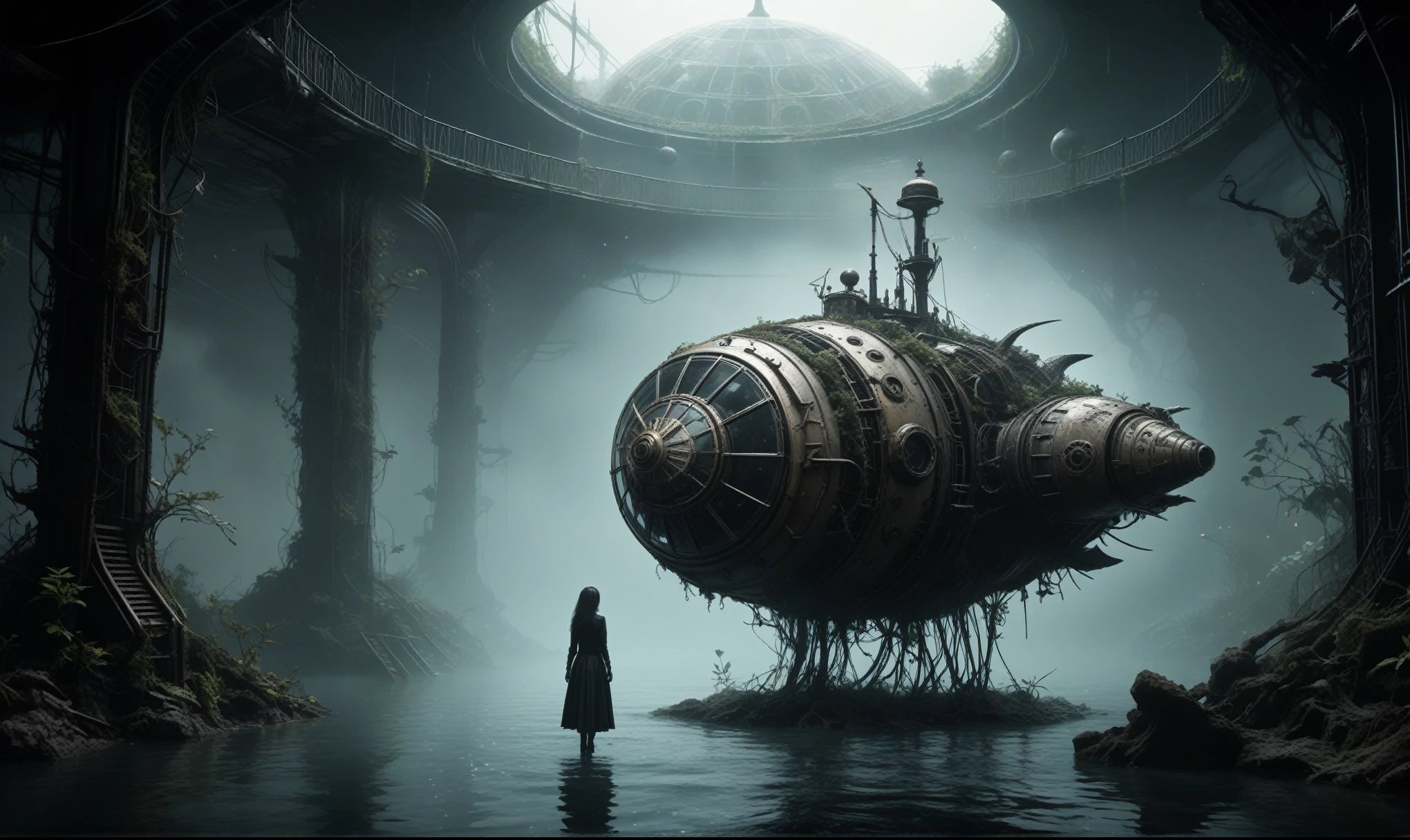 steampunk  fantasy, young plant witch made of dead plants huntering, black and white color mechanical clockwork Spaceship under sea, ominous landscapes,a small floating mkitdecy-planet in concrete and rusted metal struts that looks like a see-mine, low-key, glowing, cinematic,ruined,ruined theme,lots of dust,amazon,full body length,maybe pretty face,full body length, eerie atmosphere, ethereal presence,  swirling mists, supernatural entities, demonic essence, shadowy forms,   dark and twisted branches, macabre elements, otherworldly beauty, ethereal glow, eerie and ominous lighting，Ethereal otherworldly charm，Complicated details，Exquisite features,Surreal atmosphere,captivating creation,After the war，Maritime bazar of science and technology,like Stone Forest in Yunnan Province of Zambia,Simon Stalenhag,Nicola Samori,Wangechi Mutu,intricate details,realism,realistic,extremely detailed,masterpiece,intricate details,eyes extremely detailed, high detailed eyes,32k resolution, Nikon Z9
