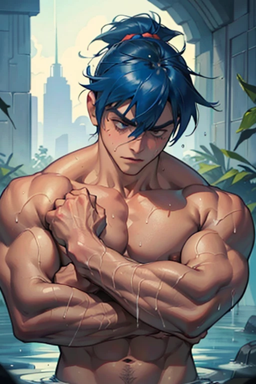 MEGAMAN.EXE，muscle，Protruding veins，Developed pectoral muscles，Sweat，Wet flesh，Sad expression，male，Robust，Young boy，{{{Very large muscles}}}，Drowned in pleasure，Muscle Pose，Rockman plagiarism，{{A penis the size of your arm}}，Upper body naked，Naruto&#39;s forehead protector