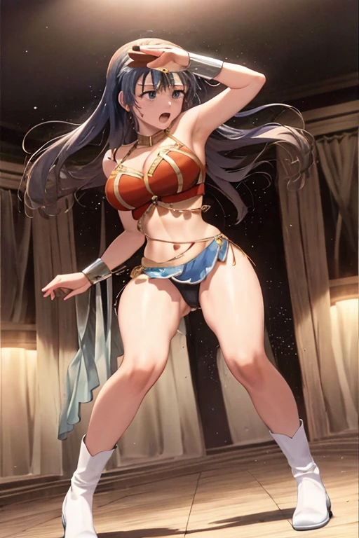 masterpiece, best quality, beautiful art, high resolution, well formed hands, body and fingers, 1 woman, solo, wonder woman,  tiara , long blue hair, blue eyes, arabian belly dancer, adult, big breasted, cleavage, hair ribbon, full body, sexy and skimpy outfit , gorgeous legs and thighs , ryona,in peril, she is being beaten up by her opponent, receiving the impact of her opponent's attacks, reacting to the hits, closed eyes, she is being slapped in the face, knocked down, slammed against the floor, screaming in pain and agony, showing weakness and vulnerability, heroine in peril, ryona and perilous scene, sweating, bouncing breasts, martial arts tournament with beach environment 