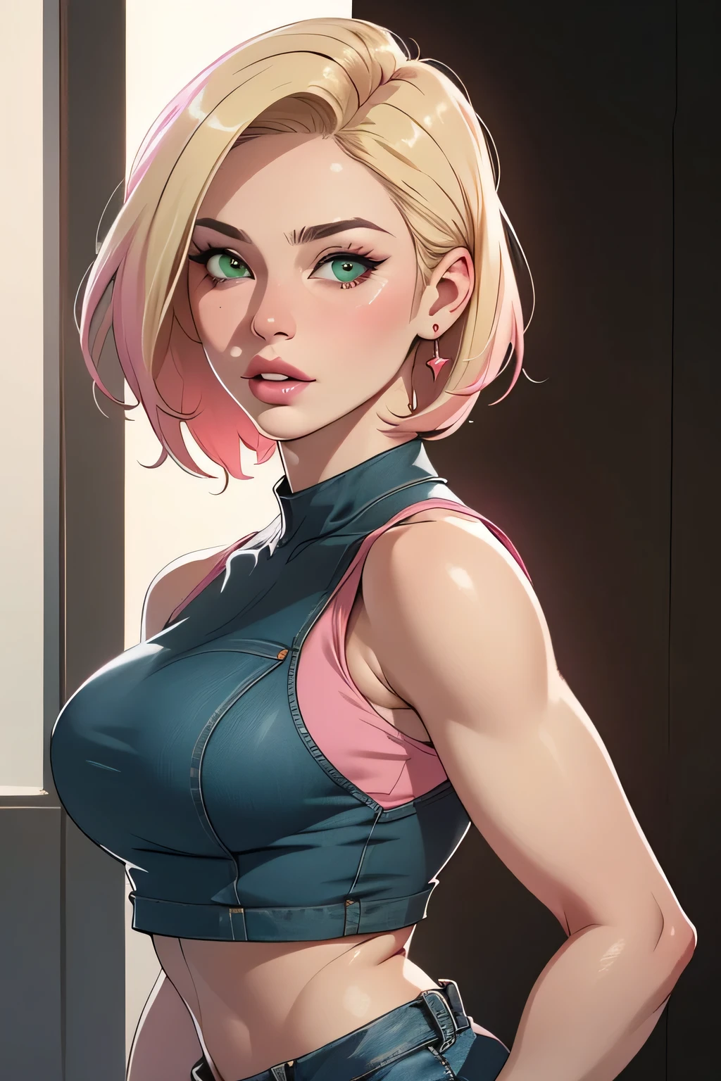 (best quality,4k,8k,highres,masterpiece:1.2),ultra-detailed,(realistic,photorealistic,photo-realistic:1.37),portrait,sexy woman,beautiful face,blonde hair,short bob hairstyle,seductive gaze,green eyes,pale skin turning pink,beautiful pink lips parted,sleeveless tight red crop top,denim short shorts