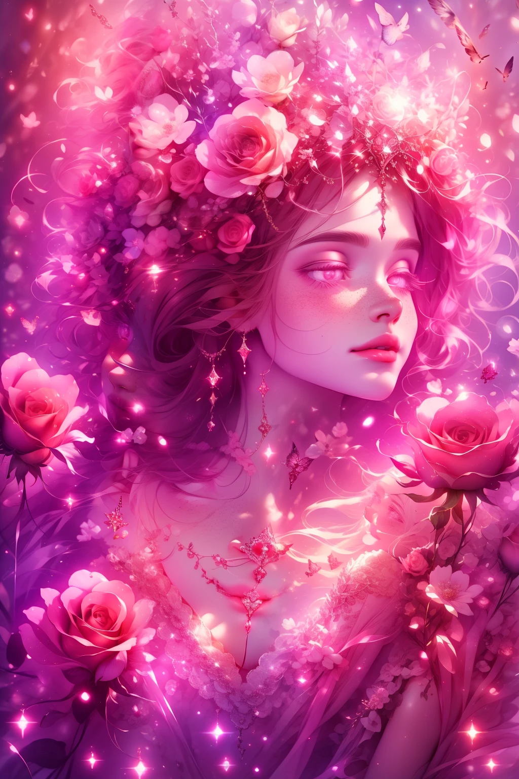 (This is a beautiful, intricate, (romatic) fantasy image that emphasizes beauty and grace.) Generate a blind curvy woman with soft natural freckles. Her face is important and should be (perfectly formed) with (beautiful puffy lips) and (perfect features). There is a cute freckle birthmark on her lip. The image exudes ethereal beauty and soft fantasy, with shimmering shades of pink throughout. Surround her with eternal roses in shimmering shades. Ensure perfection in her face, hair, and eyes. Include sweet and detailed birds and soft, luminous flowers and detailed roses. Utilize dynamic composition and dramatic lighting and cinematic lighting to create an interesting fantasy image. The background of the image is interesting and ultra-detailed, with soft fantasy lighting and gradients. Include fantasy details, cute aura, colorful, colourful, and interesting magical background. The image's background is decorated in shades of pink, shimmer, glitter, and fantasy details like colored bubbles and cosmos. Include subtle freckles, natural freckles and a diffused realistic skin tone. Incorporate elements of high fantasy, whimsy, and detailed elegance. English rose, princess, courtesan, noblewoman, sweet, lovely, calm, lovely, shimmering, glimmering, glittering, astrological fantasy, (((masterpiece))), (highest quality), magic rose, fantasy garden, beautiful face, perfect face, puffy lips, interesting, shy smile, fantasy elements, magic rose, beautiful eyes, perfect puffy lips, jewel tones, luminosity. Taken with a canon camera.