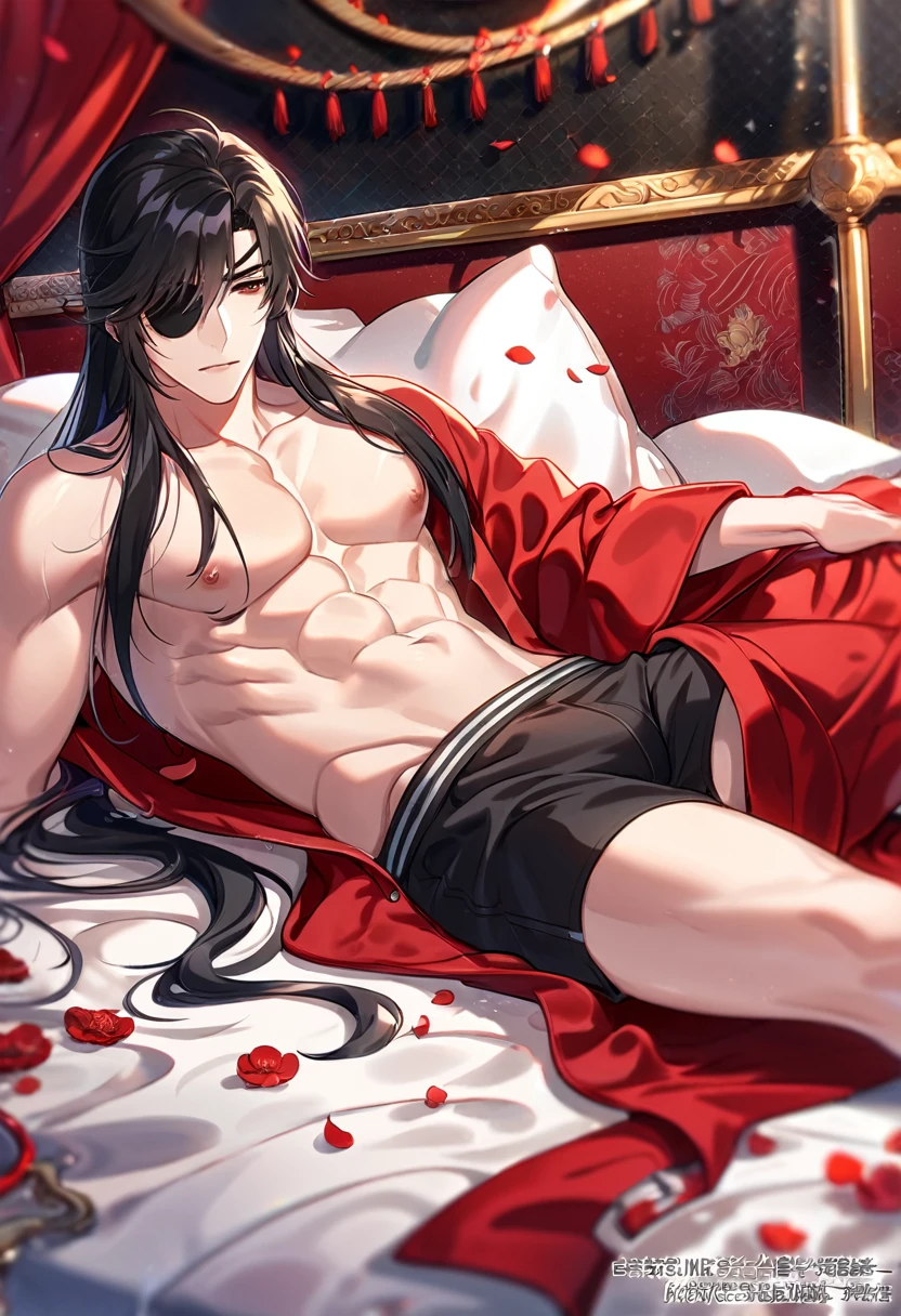 absurdres, highres, ultra detailed, HDR, master piece, best quality, perfect face, Hua Cheng, black long hair, expressive red eyes, black eye patch, heaven official's blessing, solo, sexy man, handsome, toned chest, horny, sensual, erotic, red coat, black boxers, lying on a bed, flowers, petals, room, bed, pillows 