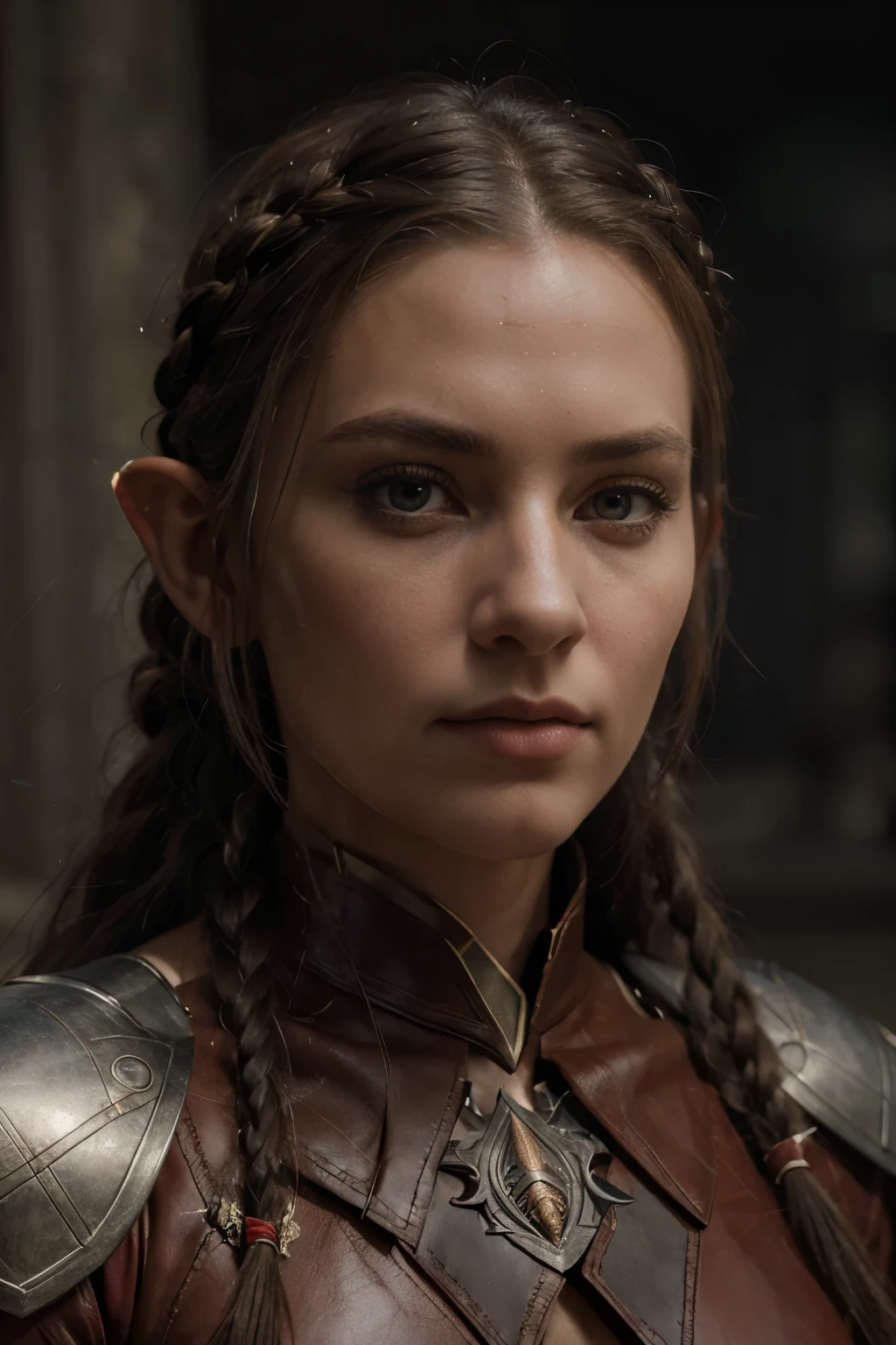 a beautiful elf woman in red leather armor with straps, grey straight hair in a braid, elongated serious face, (best quality,4k,8k,highres,masterpiece:1.2),ultra-detailed,(realistic,photorealistic,photo-realistic:1.37),fantasy,portrait,intricate details,highly detailed face,exquisite leather texture,dramatic lighting,cinematic composition,muted color palette,moody atmosphere
