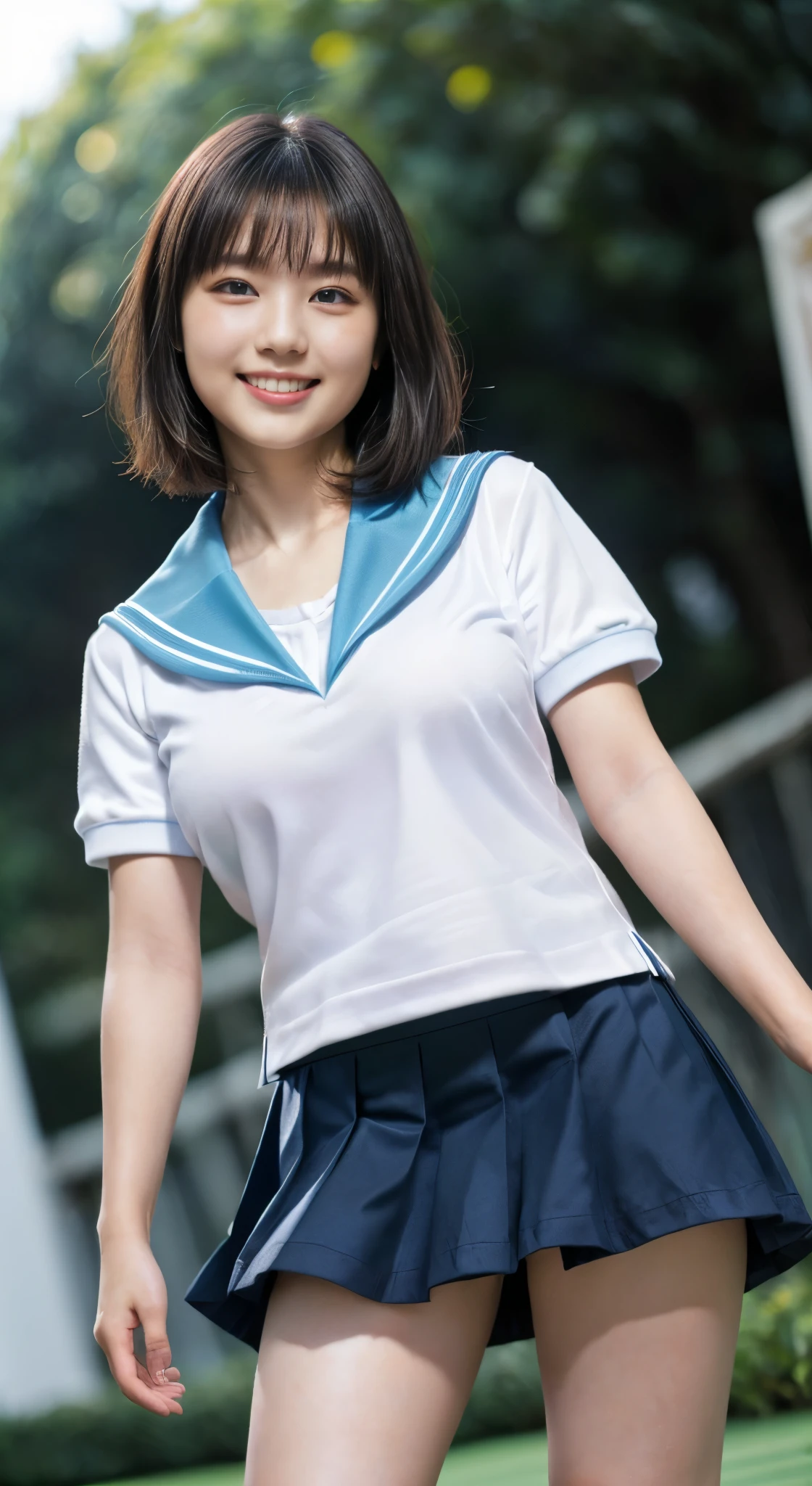 (8k、Raw photography、highest quality、masterpiece:1.2),(Black Hair:1.5),(Very Short Hair:1.6),(1 high school girl:1.6)、(school uniform、Polo shirt、skirt: 1.6)、(Clothing that emphasizes the shape of your chest:1.4)、(Big Breasts:1.9)、(Light blue sailor suit:1.5)、Ultra-high resolution,(grassland:1.3)、(Japanese women: 1.2),(Realistic:1.37)、Photon Mapping,reality、(very cute: 1.9)、(Cute Smile: 1.8)、(Round face: 2.0)、(Baby Face: 1.4)、Radio City、Physically Based Rendering、Depth of field rally background、photograph, (丈が短すぎるskirtを履いている: 2.0)、(チェック柄のプリーツskirt:1.5)、(White panties are visible:1.4),(Angle from below、Your thighs are beautiful: 1.5)、whole body、Great quality