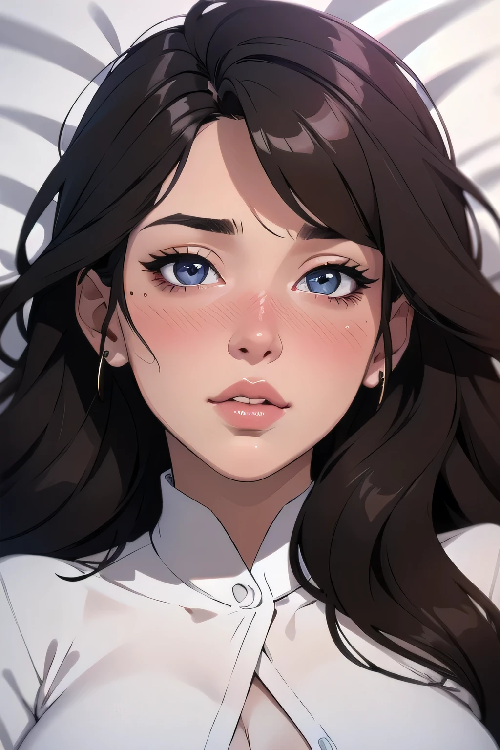 (best quality,highres:1.2),ultra-detailed,realistic:1.37,portrait,woman with beautiful face,detailed eyes and lips,seductive eyes,long straight hair,black brown hair color,blushing intensely,lips parted,ready to kiss,long oversized white shirt,lying on bed,y,cute