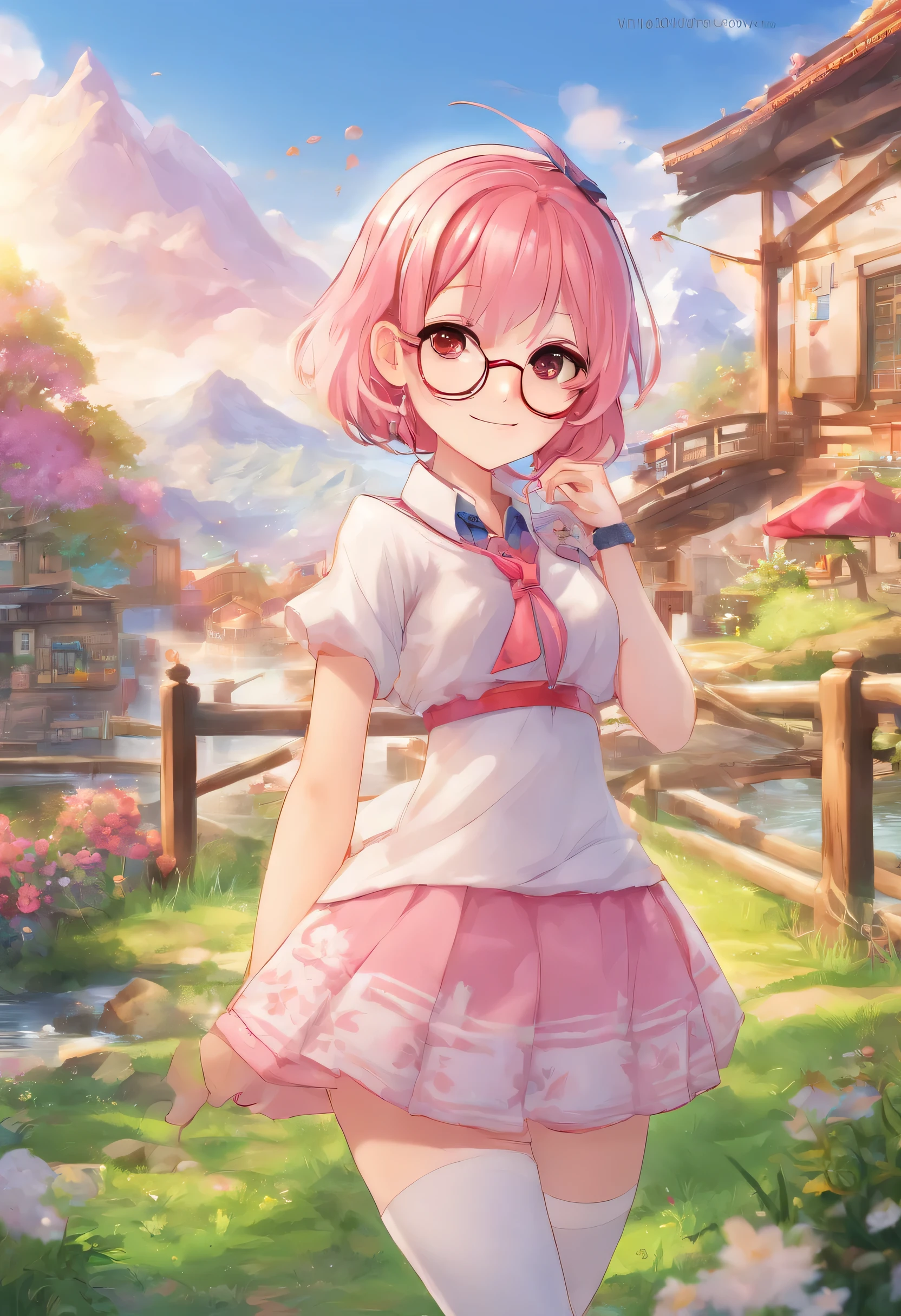 (((highest quality))), High saturation, clear, reasonable structure, Anime Style, architecture, bridge, city, chimney, cloud, null, Day, Fantasy, door, Grass, Home, Mountain, human, outdoor, river, landscape, null, Day, wood, window, wheat field,front,smile, cute, mini skirt,Short Bob,Light pink hair,Red glasses