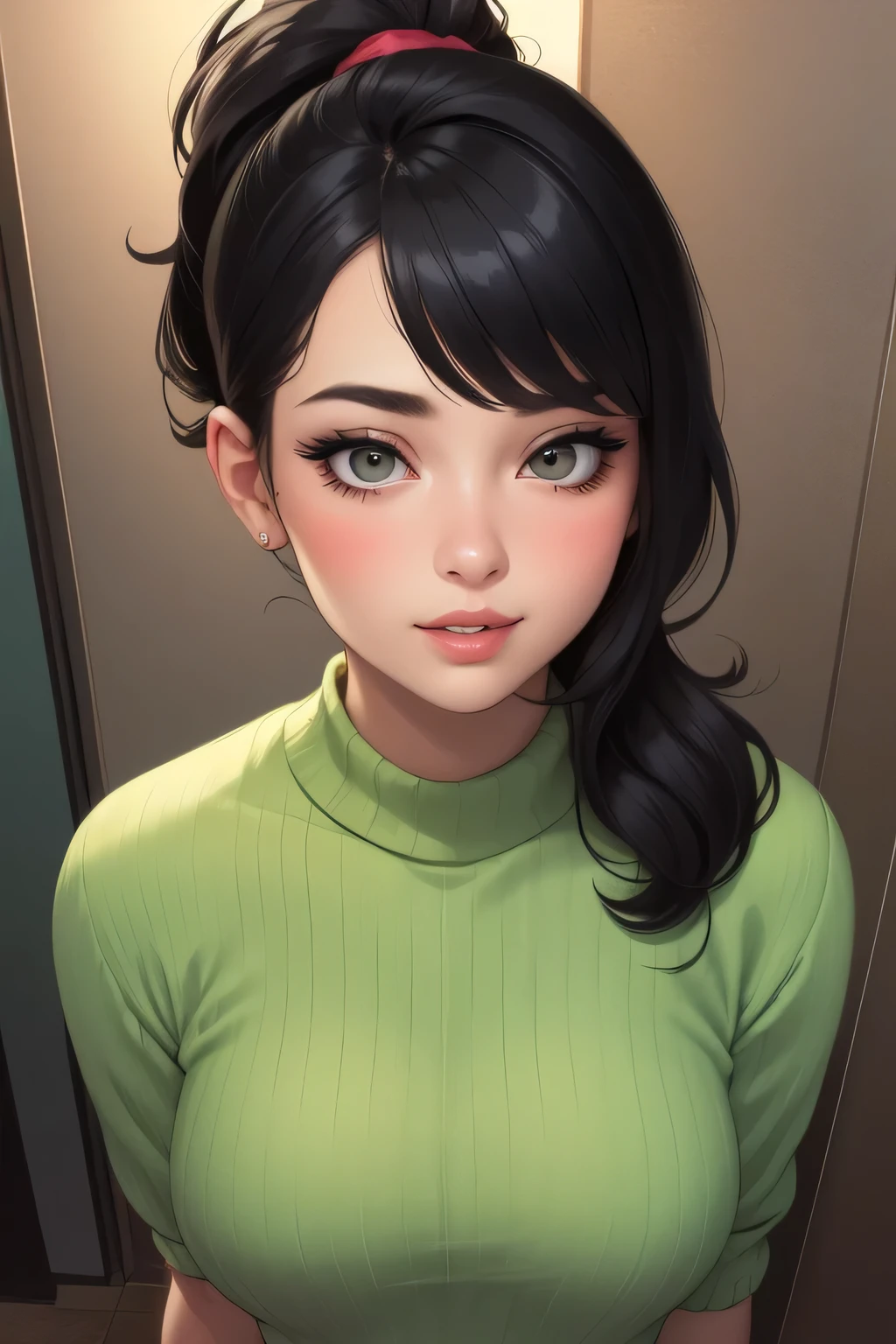 (best quality, highres:1.2), ultra-detailed, realistic:1.37, portraits, seductive gaze,detailed beautiful eyes,detailed long eyelashes,detailed lips,parted lips,intense blush,soft smile,soft smile and gaze,sexy woman, ponytail hairstyle, black hair,luscious black hair,cute ponytail,green sweater,cream cargo pants, medium chest, perfect body