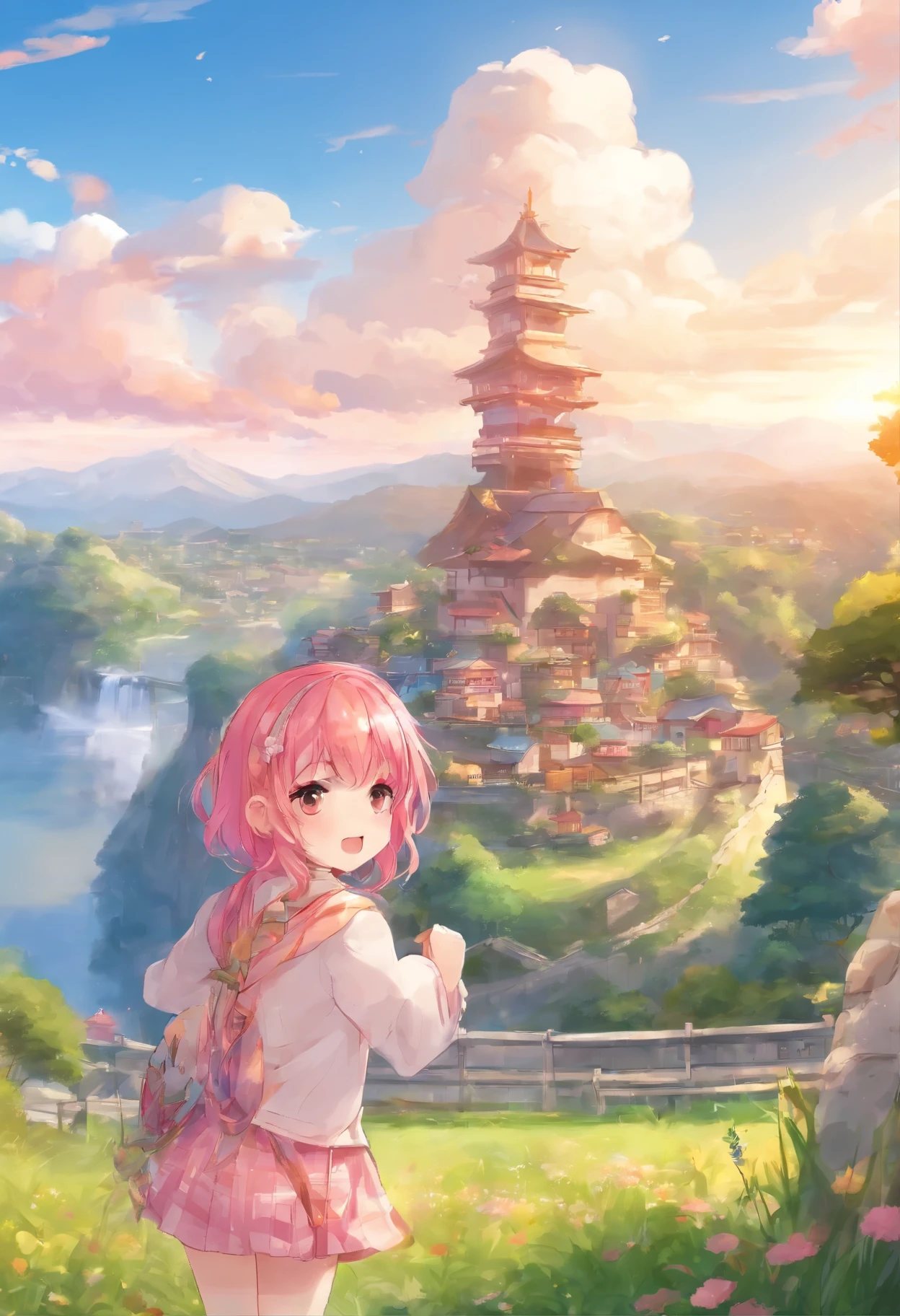 (((highest quality))), High saturation, clear, reasonable structure, Anime Style, architecture, bridge, city, chimney, cloud, null, Day, Fantasy, door, Grass, Home, Mountain, human, outdoor, river, landscape, null, Day没, wood, window, wheat field,front,smile, cute, mini skirt,Short Bob,Light pink hair,Red glasses